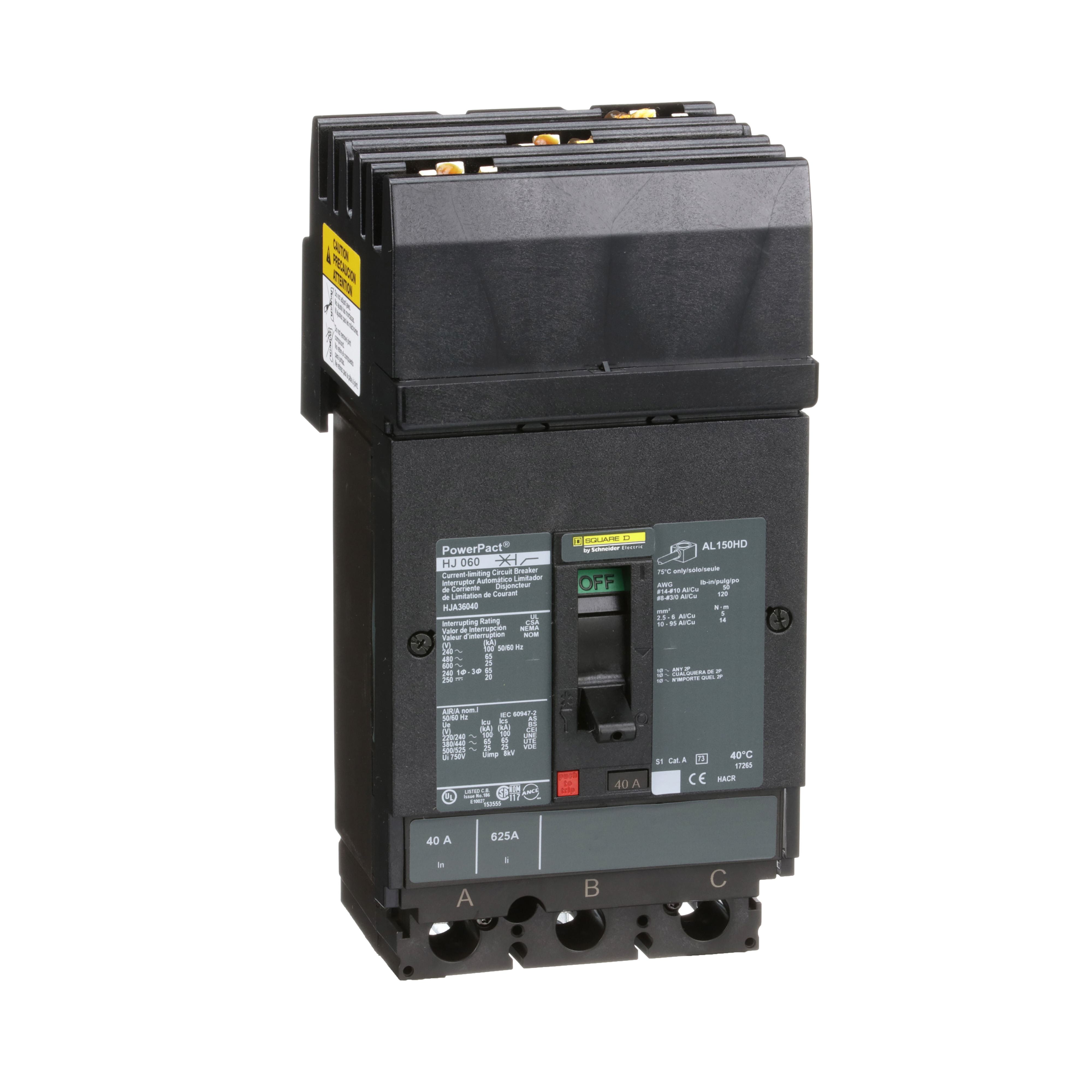 Square D™ PowerPact™ HJA36040 80% Rated Type HJA Molded Case Circuit Breaker, 600 V AC/250 V DC, 40 A, 100 kA at 240 VAC/65 kA at 480 VAC/25 kA at 600 VAC/20 kA at 250VDC Interrupt, 3 Poles, Thermal Magnetic Trip
