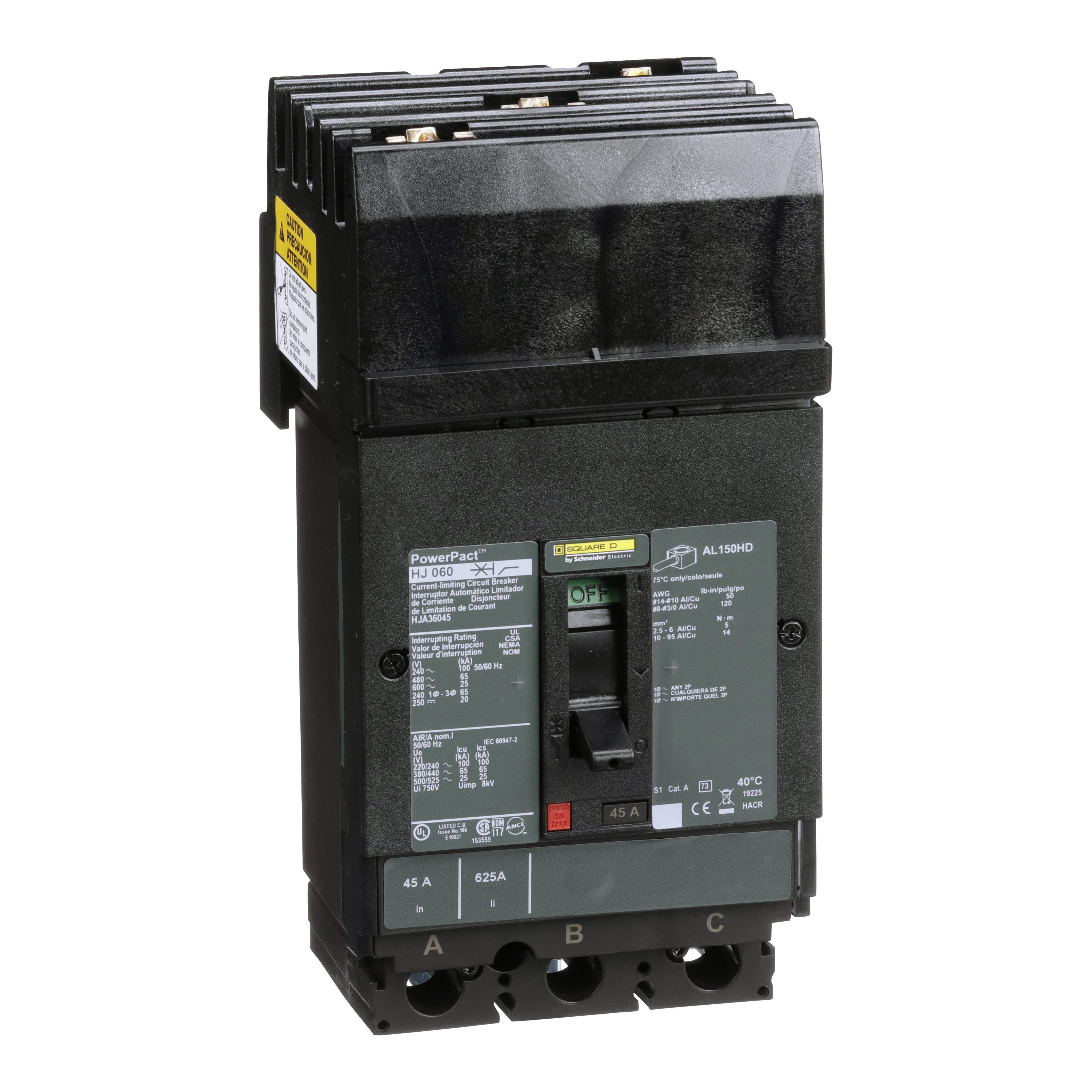 Square D™ I-Line™ PowerPact™ HJA36045 80% Rated Type HJA Molded Case Circuit Breaker, 600 V AC/250 V DC, 45 A, 250 VDC/600 VAC/65 kA at 480 VAC/25 kA at 600 VAC/100 kA at 240 VAC/20 kA at 250 VDC Interrupt, 3 Poles, Thermal Magnetic Trip