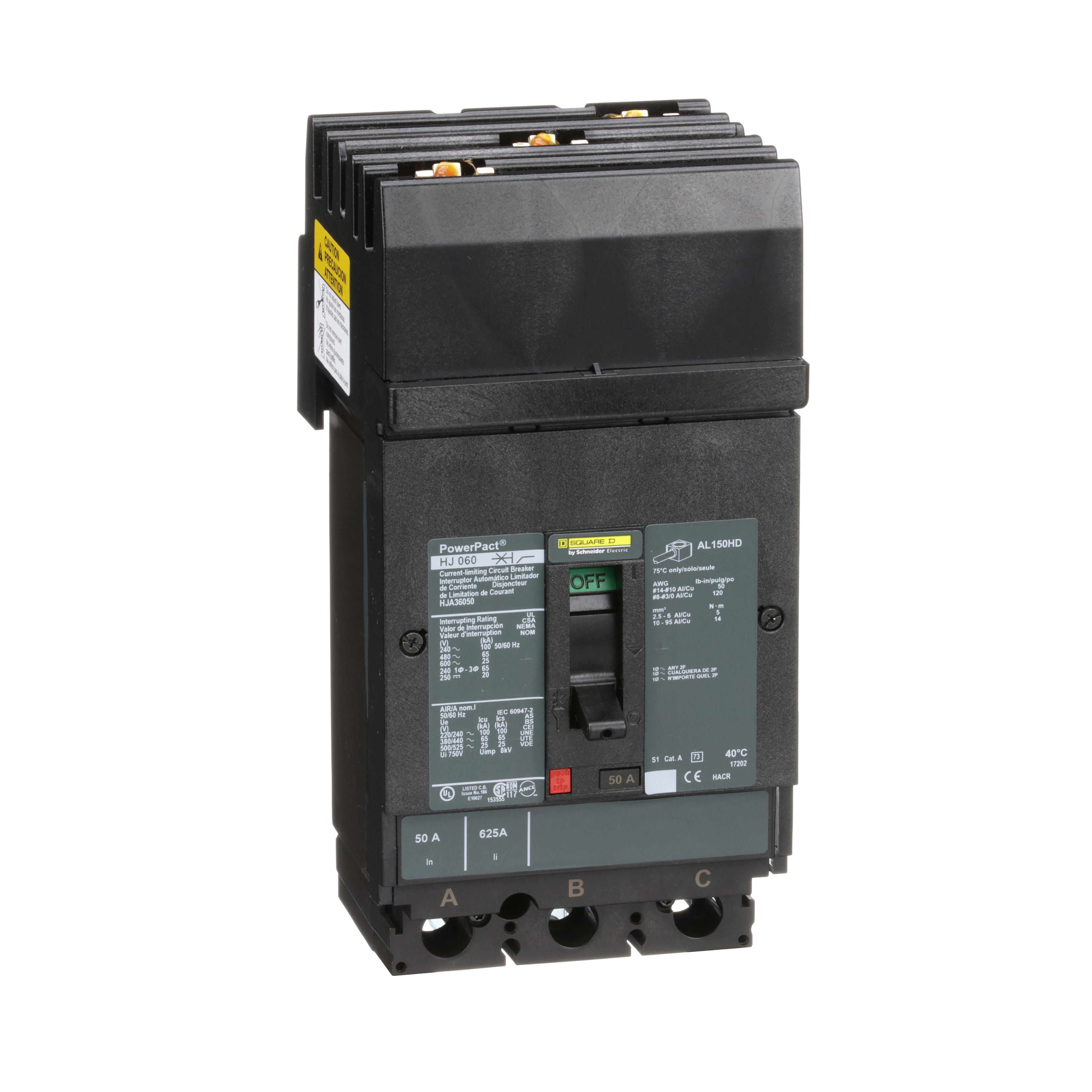 Square D™ PowerPact™ HJA36050 80% Rated Type HJA Molded Case Circuit Breaker, 600 V AC/250 V DC, 50 A, 100 kA at 240 VAC/65 kA at 480 VAC/25 kA at 600 VAC/20 kA at 250VDC Interrupt, 3 Poles, Thermal Magnetic Trip