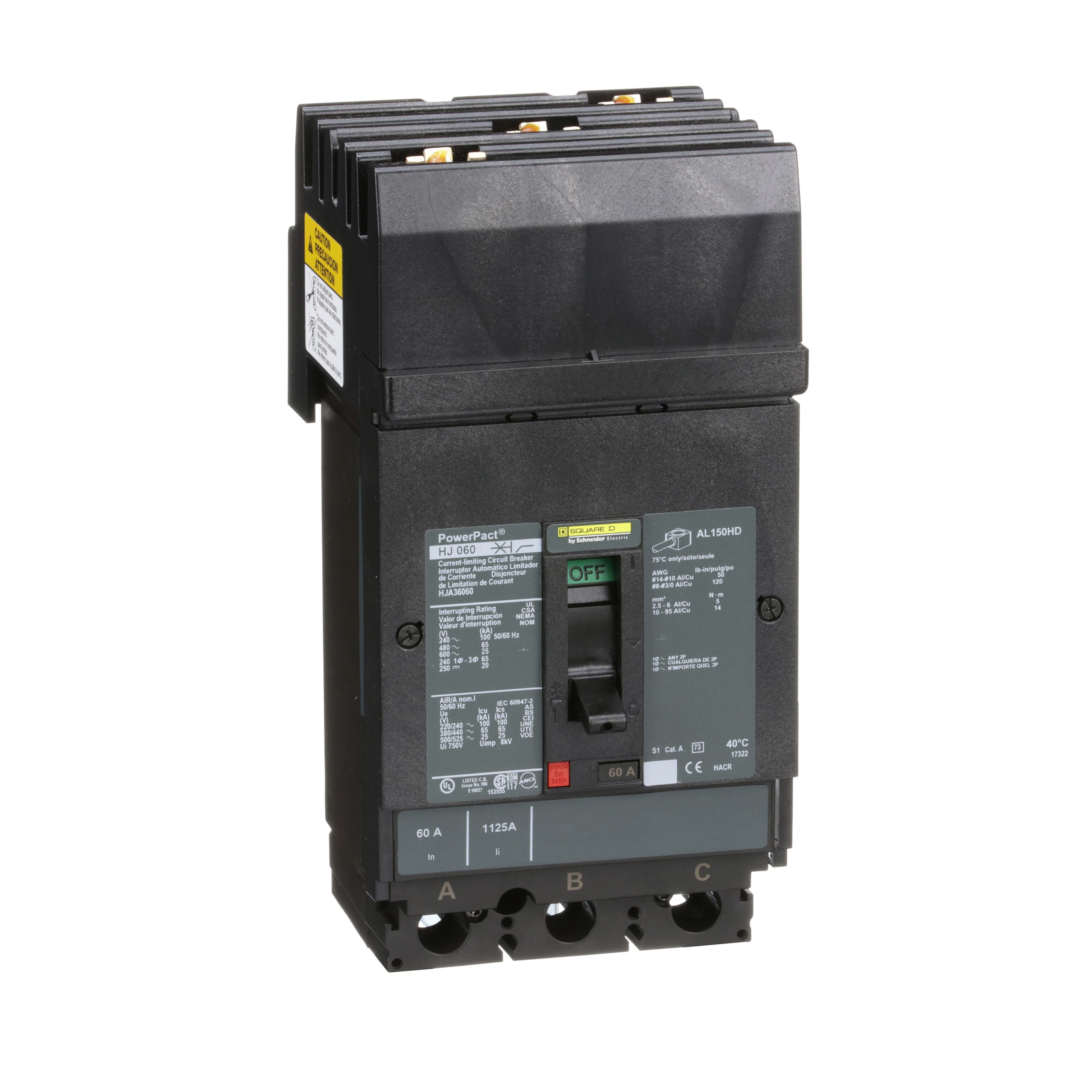Square D™ PowerPact™ HJA36060 80% Rated Type HJA Molded Case Circuit Breaker, 600 V AC/250 V DC, 60 A, 100 kA at 240 VAC/65 kA at 480 VAC/25 kA at 600 VAC/20 kA at 250VDC Interrupt, 3 Poles, Thermal Magnetic Trip