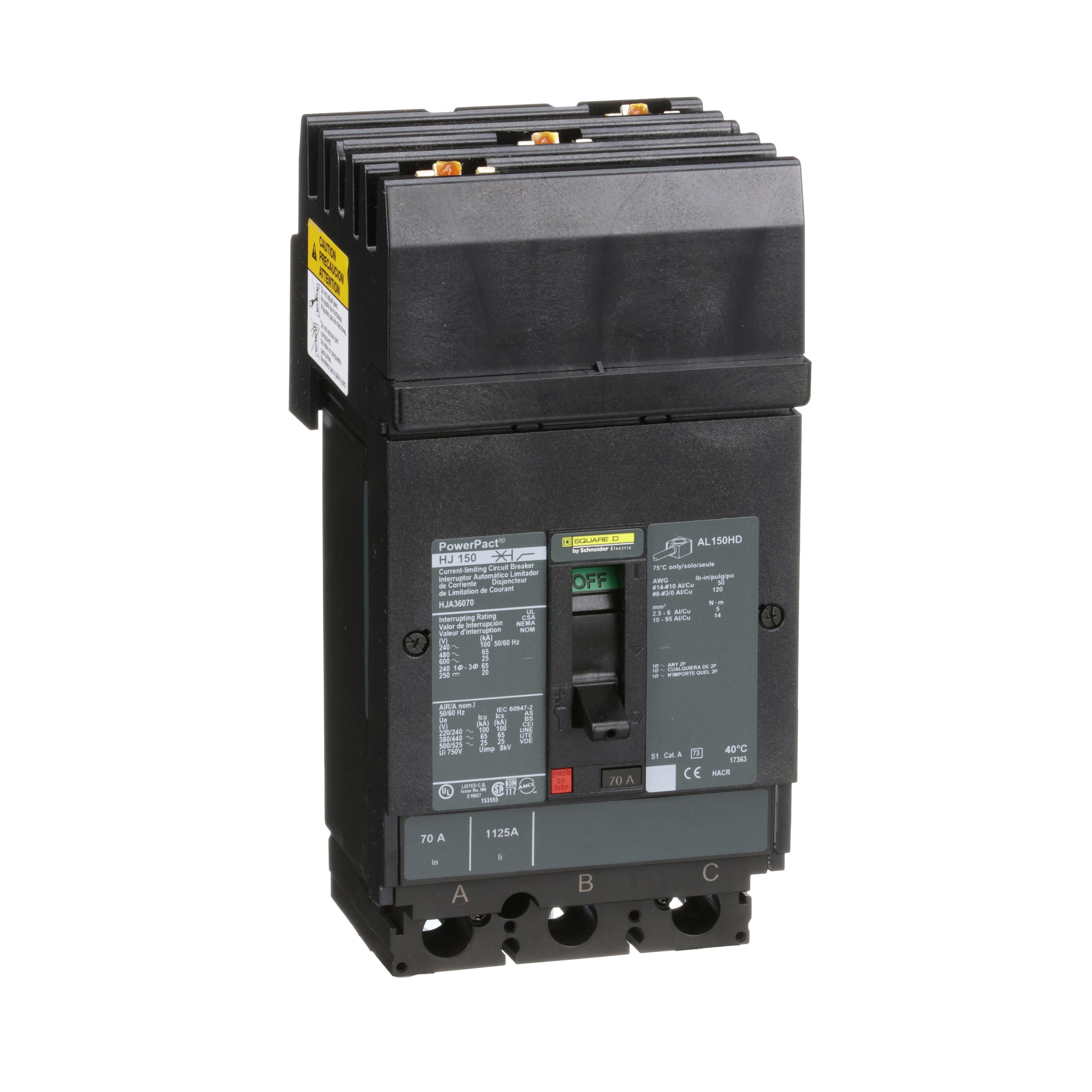 Square D™ PowerPact™ HJA36070 80% Rated Type HJA Molded Case Circuit Breaker, 600 V AC/250 V DC, 70 A, 100 kA at 240 VAC/65 kA at 480 VAC/25 kA at 600 VAC/20 kA at 250VDC Interrupt, 3 Poles, Thermal Magnetic Trip