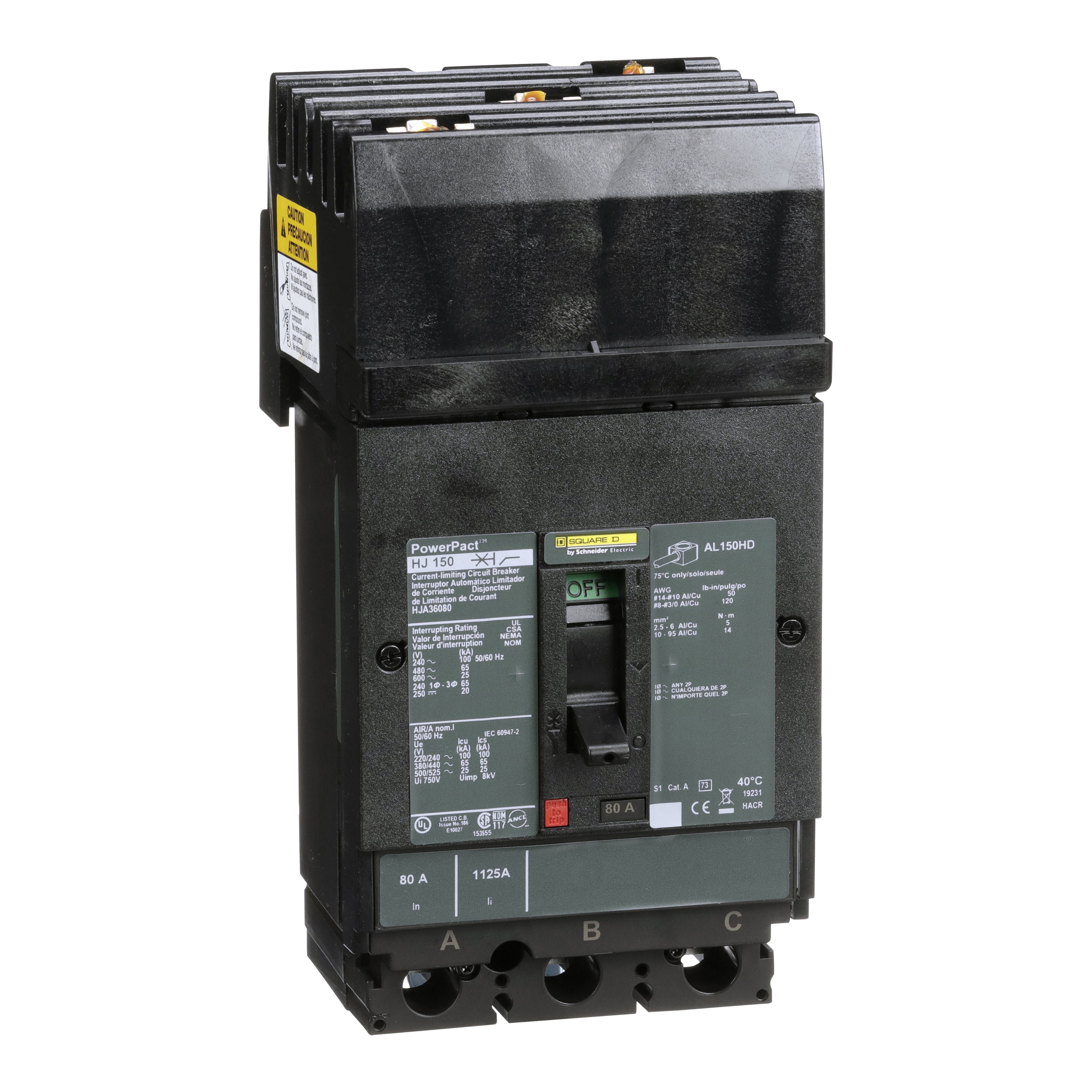 Square D™ PowerPact™ HJA36080 80% Rated Type HJA Molded Case Circuit Breaker, 600 V AC/250 V DC, 80 A, 100 kA at 240 VAC/65 kA at 480 VAC/25 kA at 600 VAC/20 kA at 250VDC Interrupt, 3 Poles, Thermal Magnetic Trip