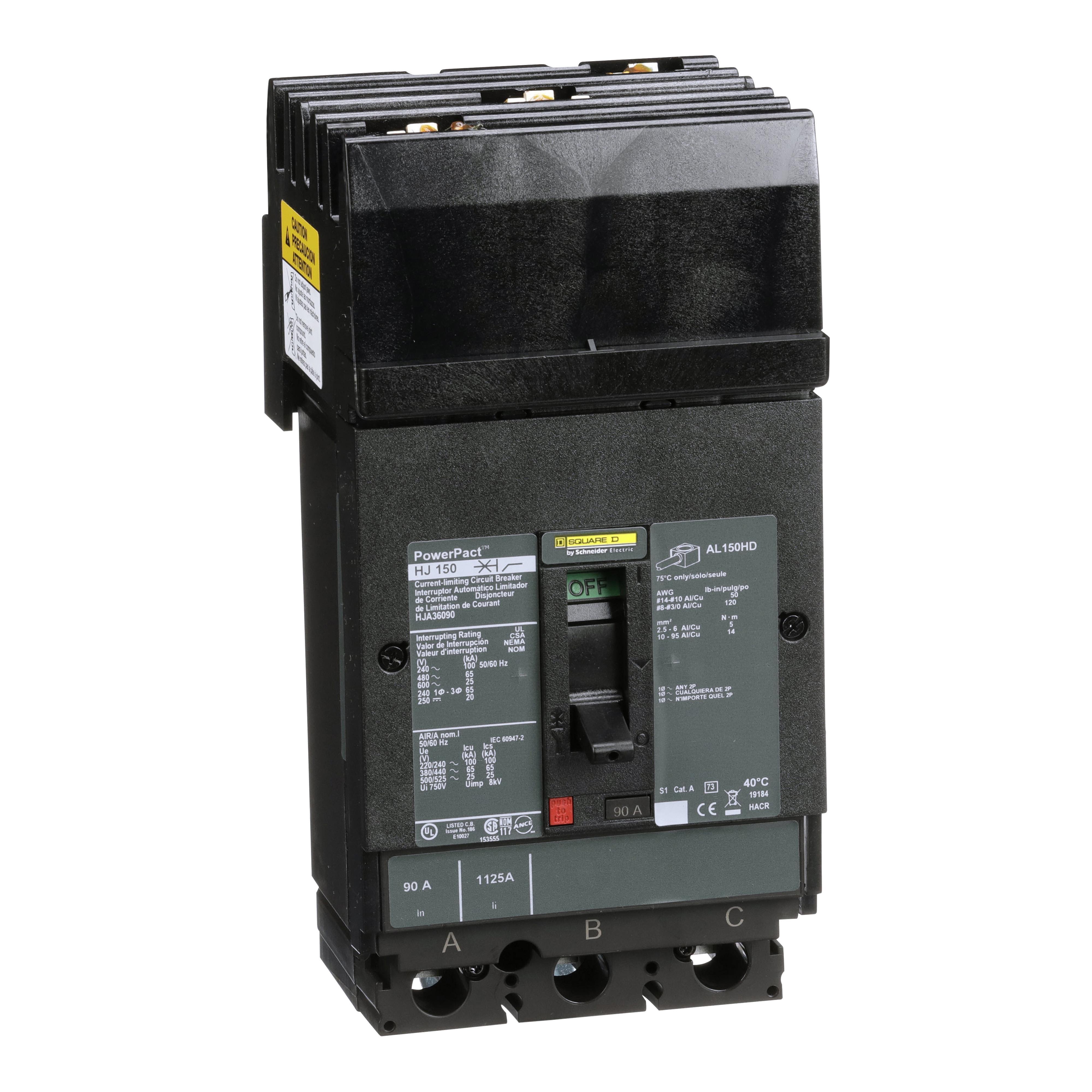 Square D™ PowerPact™ HJA36090 80% Rated Type HJA Molded Case Circuit Breaker, 600 V AC/250 V DC, 90 A, 100 kA at 240 VAC/65 kA at 480 VAC/25 kA at 600 VAC/20 kA at 250VDC Interrupt, 3 Poles, Thermal Magnetic Trip