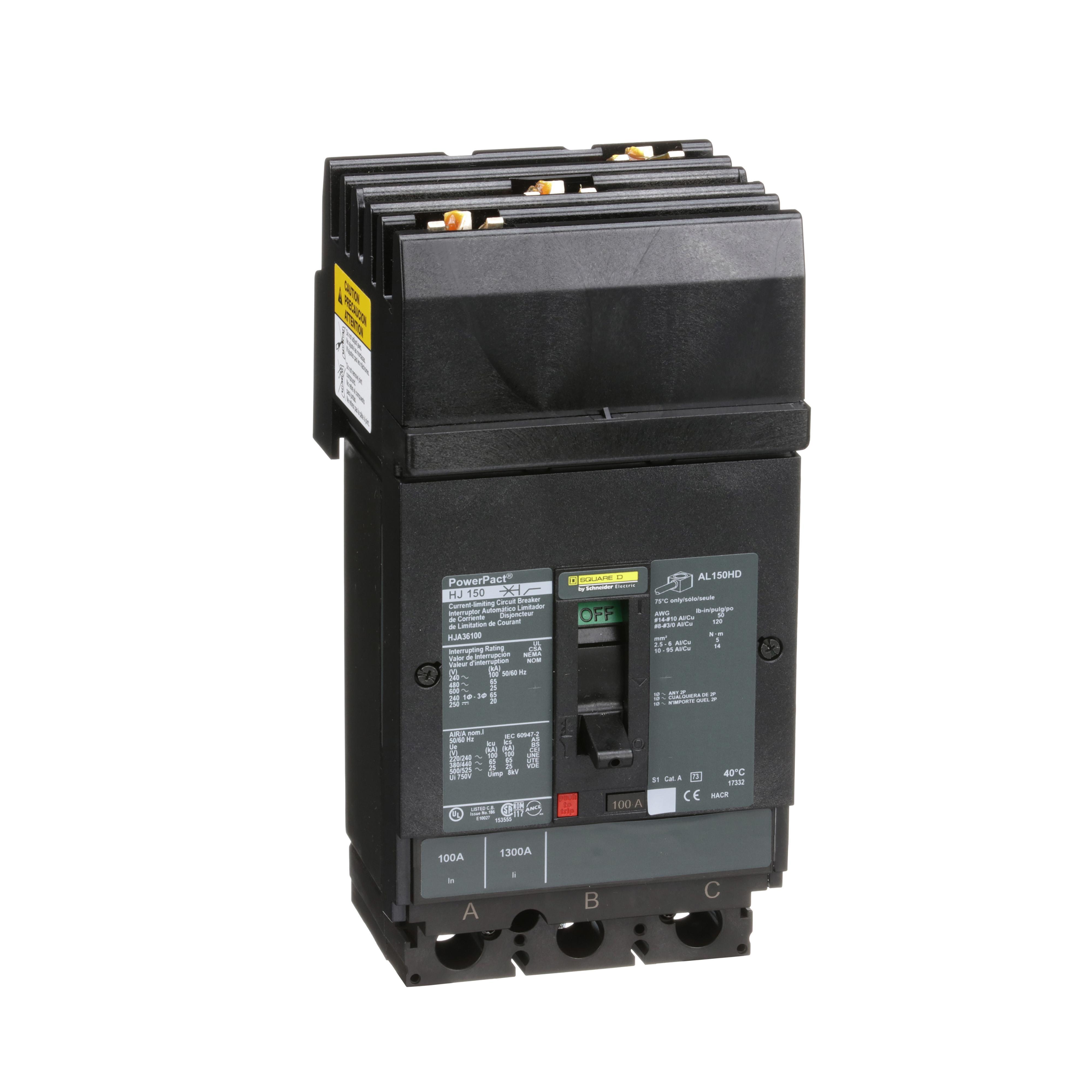 Square D™ PowerPact™ HJA36100 80% Rated Type HJA Molded Case Circuit Breaker, 600 V AC/250 V DC, 100 A, 100 kA at 240 VAC/65 kA at 480 VAC/25 kA at 600 VAC/20 kA at 250VDC Interrupt, 3 Poles, Thermal Magnetic Trip