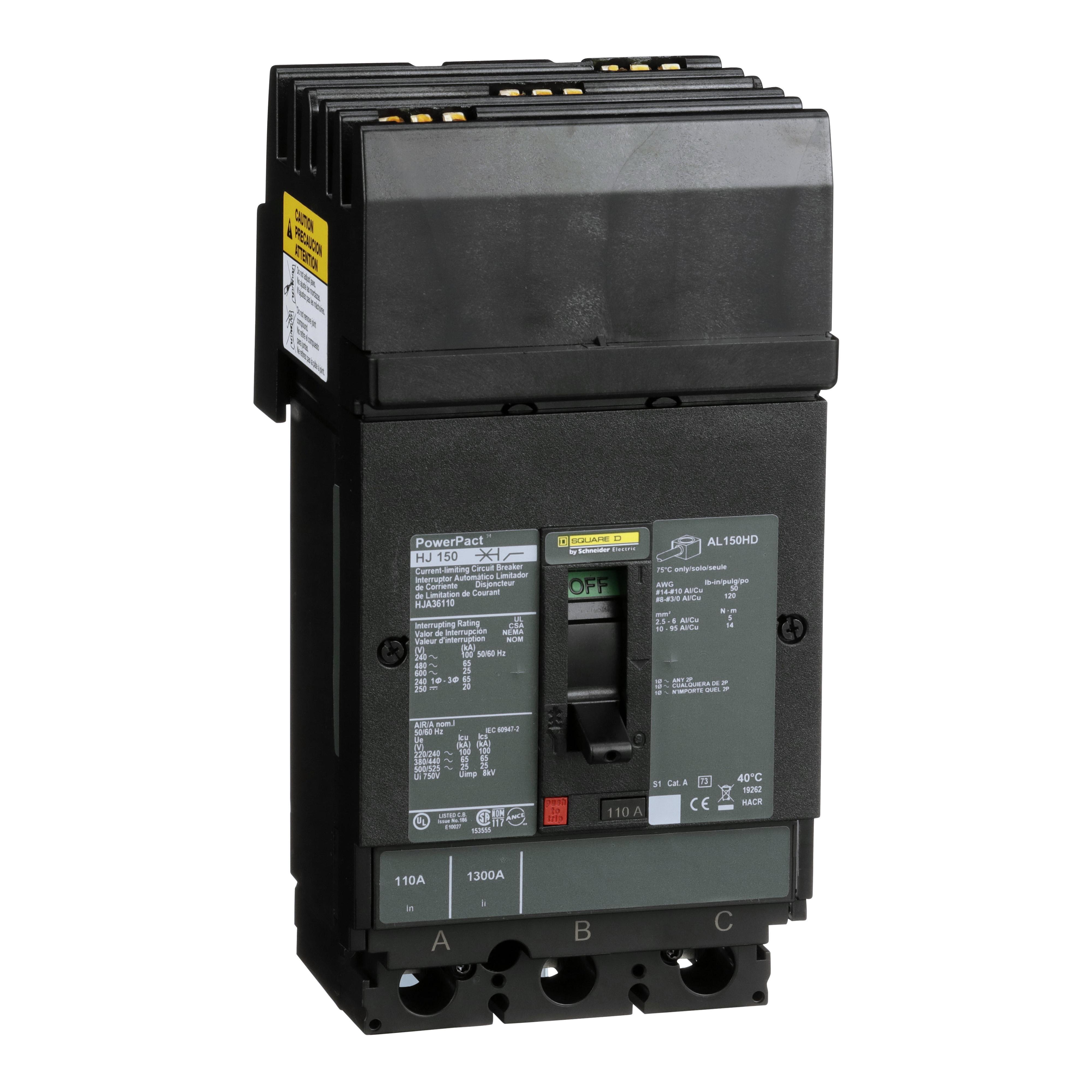 Square D™ I-Line™ PowerPact™ HJA36110 80% Rated Type HJA Molded Case Circuit Breaker, 600 V AC/250 V DC, 110 A, 250 VDC/600 VAC/65 kA at 480 VAC/25 kA at 600 VAC/100 kA at 240 VAC/20 kA at 250 VDC Interrupt, 3 Poles, Thermal Magnetic Trip
