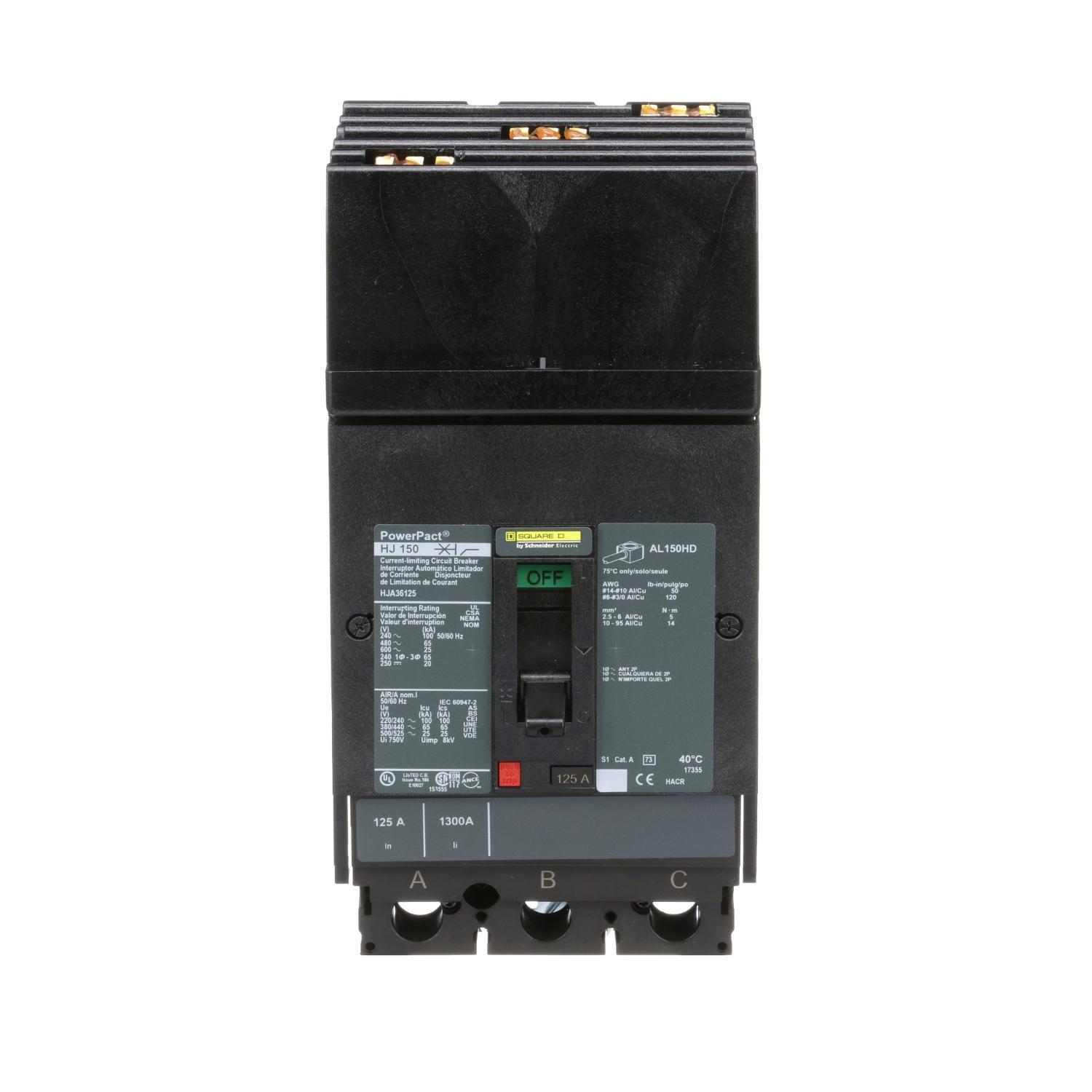 Square D™ PowerPact™ HJA36125 80% Rated Type HJA Molded Case Circuit Breaker, 600 V AC/250 V DC, 125 A, 100 kA at 240 VAC/65 kA at 480 VAC/25 kA at 600 VAC/20 kA at 250VDC Interrupt, 3 Poles, Thermal Magnetic Trip