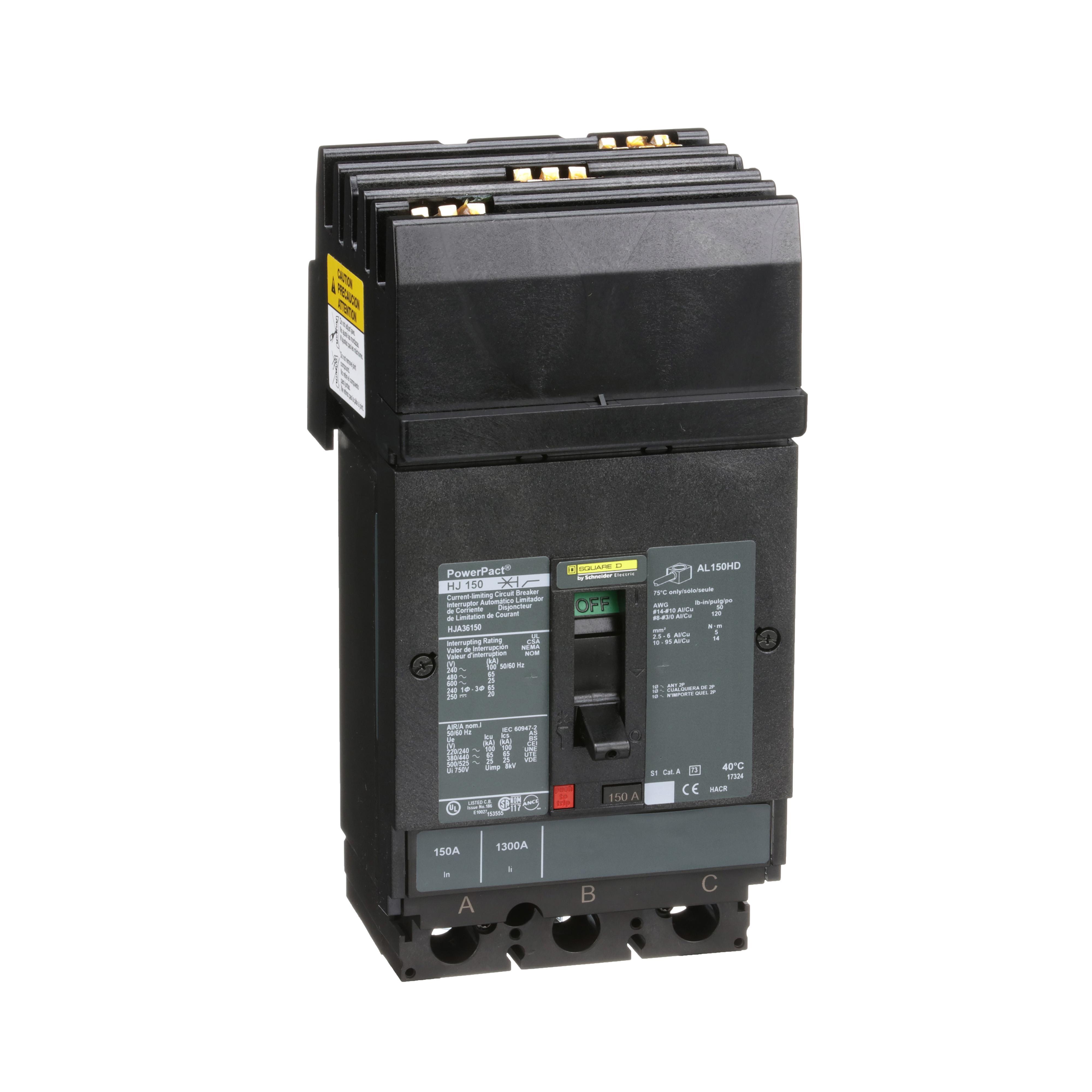 Square D™ PowerPact™ HJA36150 80% Rated Type HJA Molded Case Circuit Breaker, 600 V AC/250 V DC, 150 A, 100 kA at 240 VAC/65 kA at 480 VAC/25 kA at 600 VAC/20 kA at 250VDC Interrupt, 3 Poles, Thermal Magnetic Trip