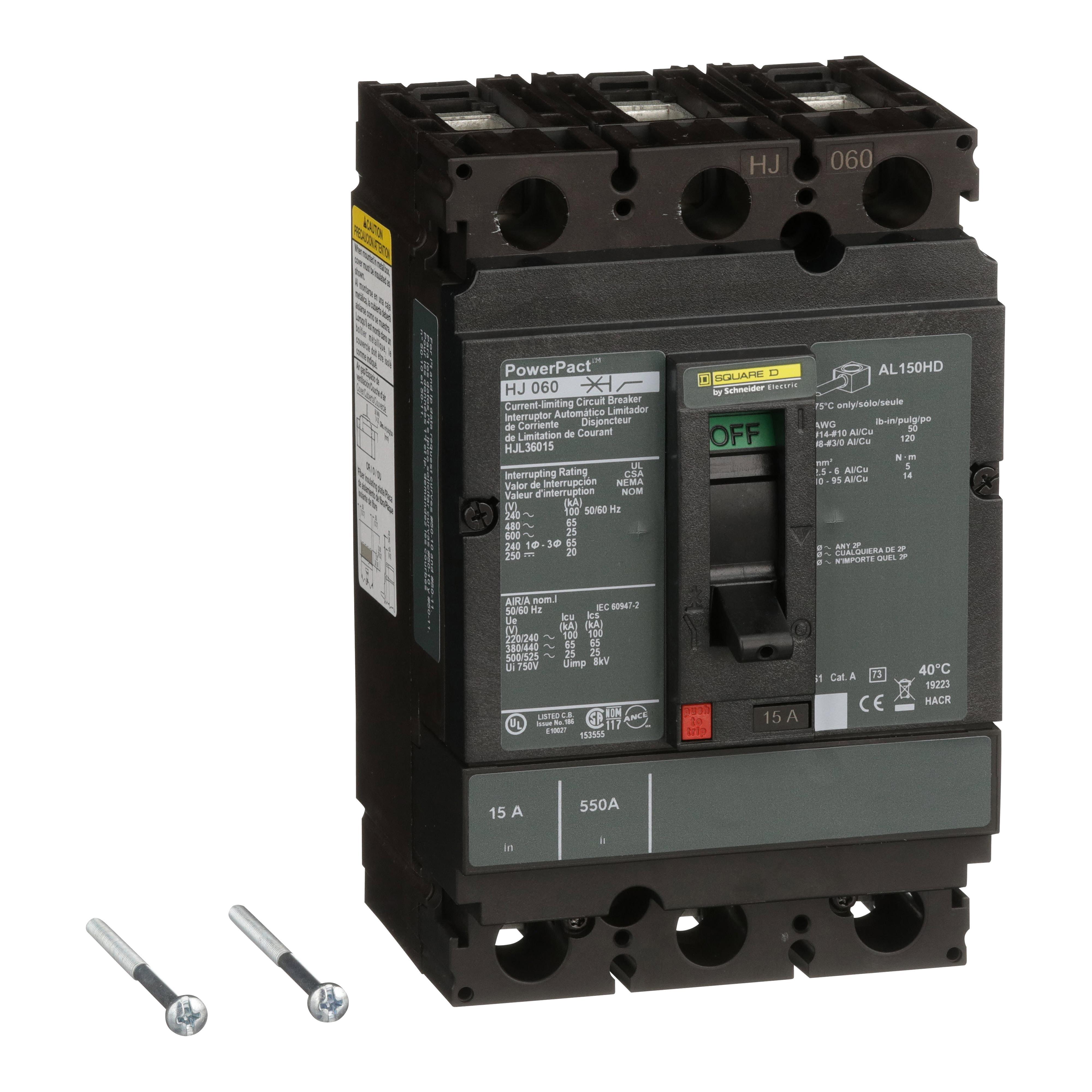Square D™ PowerPact™ HJL36015 80% Rated Type HJL Molded Case Circuit Breaker, 600 V AC/250 V DC, 15 A, 100 kA at 240 VAC/65 kA at 480 VAC/25 kA at 600 VAC/20 kA at 250VDC Interrupt, 3 Poles, Thermal Magnetic Trip