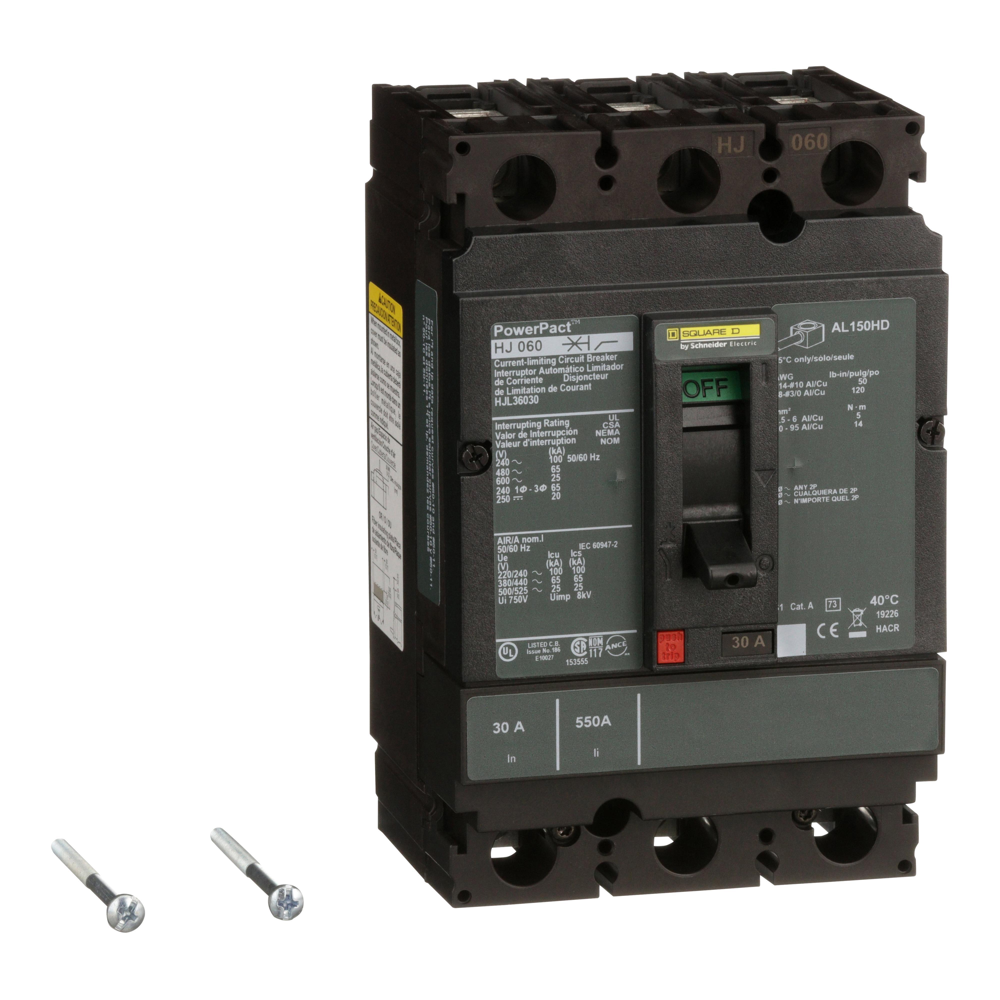Square D™ PowerPact™ HJL36030 80% Rated Type HJL Molded Case Circuit Breaker, 600 V AC/250 V DC, 30 A, 100 kA at 240 VAC/65 kA at 480 VAC/25 kA at 600 VAC/20 kA at 250VDC Interrupt, 3 Poles, Thermal Magnetic Trip
