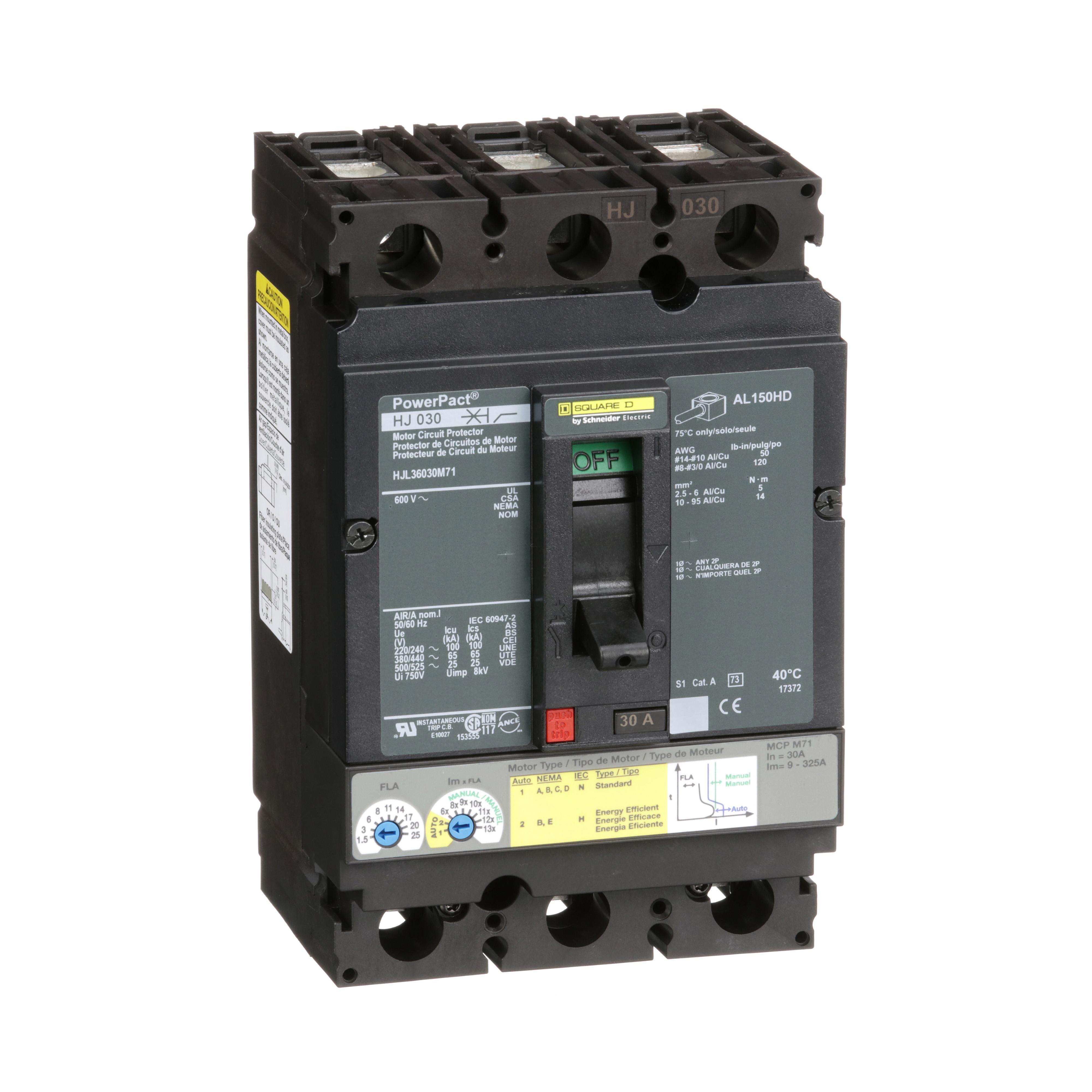 Square D™ PowerPact™ HJL36030M71 Type HJL Motor Circuit Protector, 600 V AC/250 V DC, 30 A, 25 kA Interrupt, 3 Poles, Magnetic Trip
