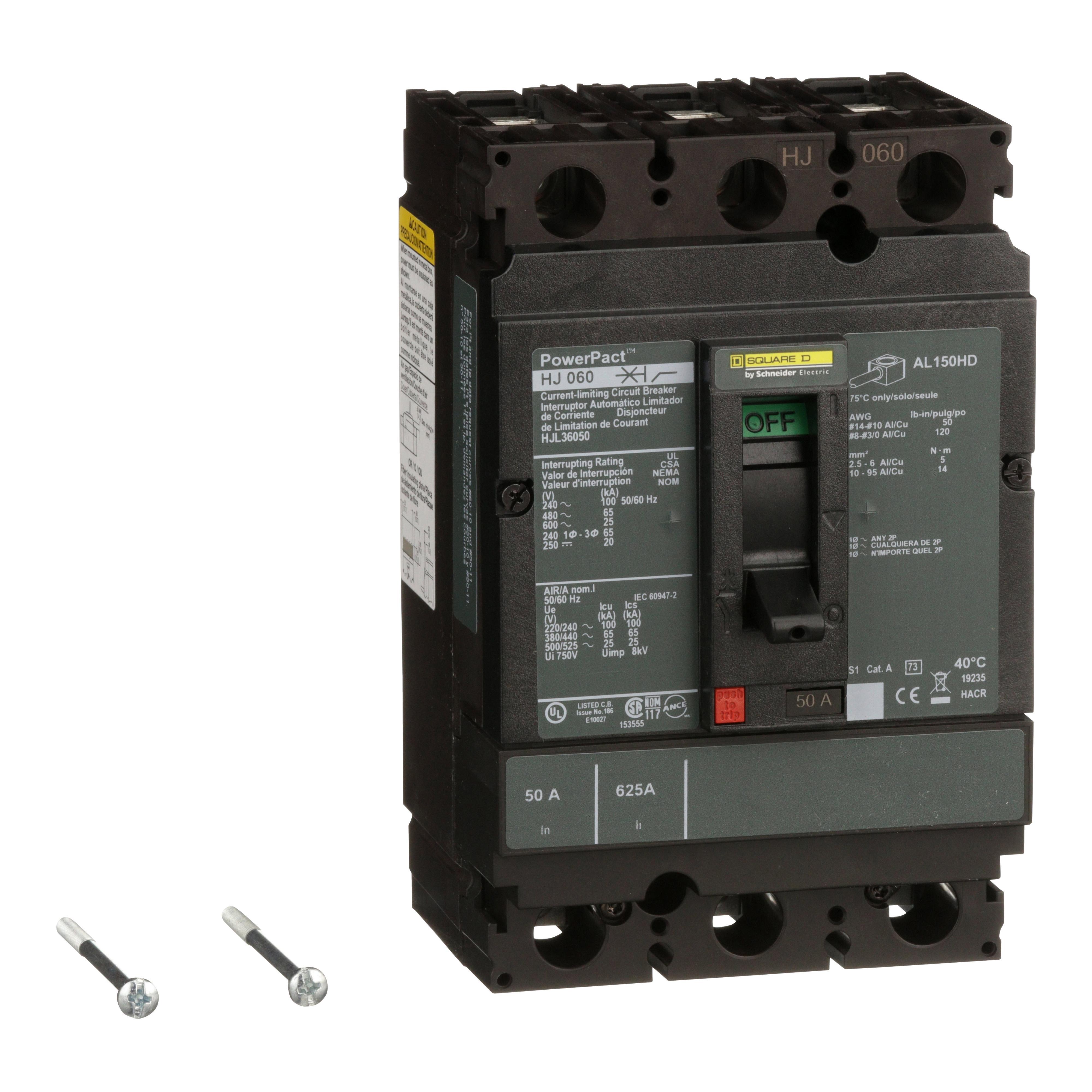 Square D™ PowerPact™ HJL36050 80% Rated Type HJL Molded Case Circuit Breaker, 600 V AC/250 V DC, 50 A, 100 kA at 240 VAC/65 kA at 480 VAC/25 kA at 600 VAC/20 kA at 250VDC Interrupt, 3 Poles, Thermal Magnetic Trip