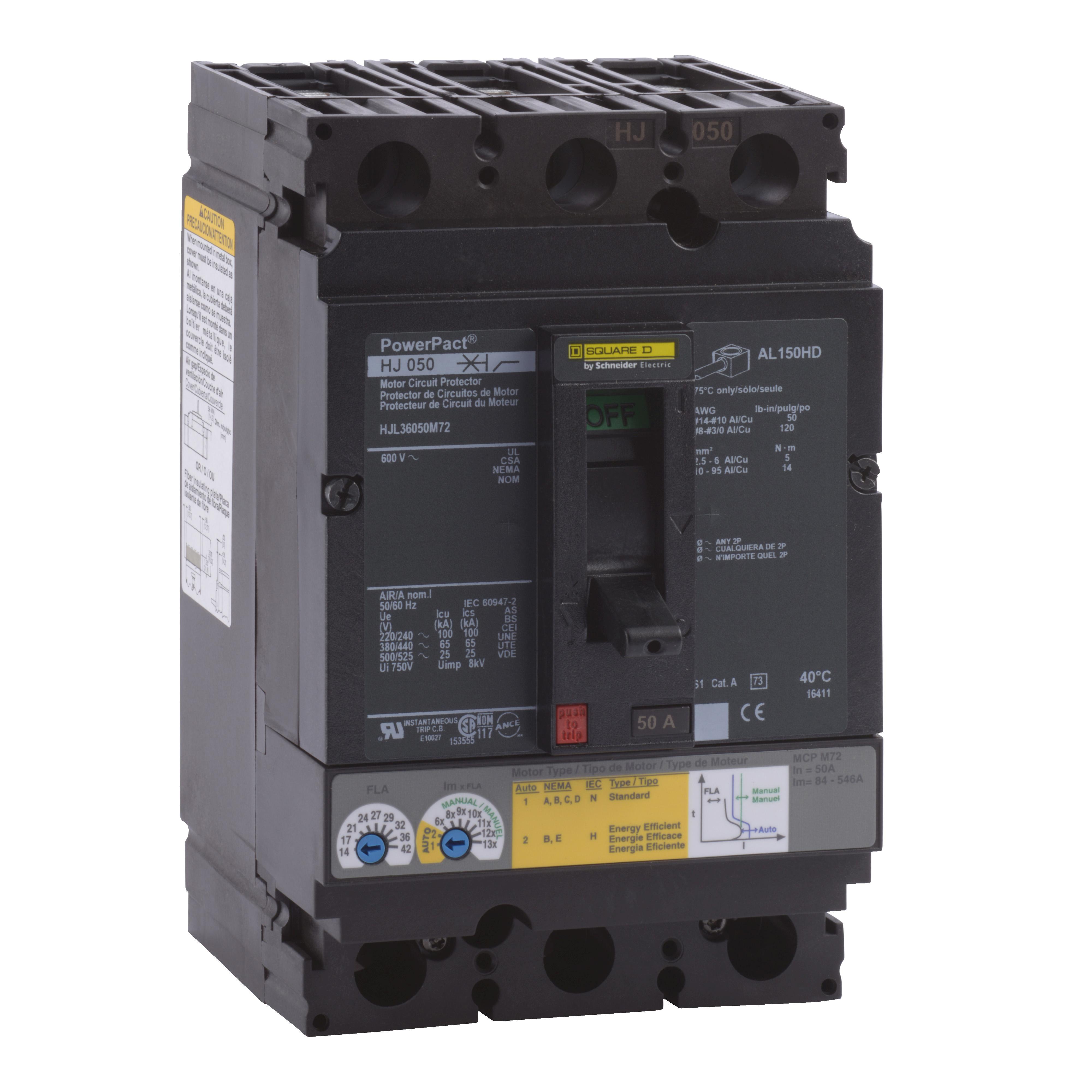 Square D™ PowerPact™ HJL36050M72 Type HJL Motor Circuit Protector, 600 V AC, 50 A, 25 kA Interrupt, 3 Poles, Magnetic Trip