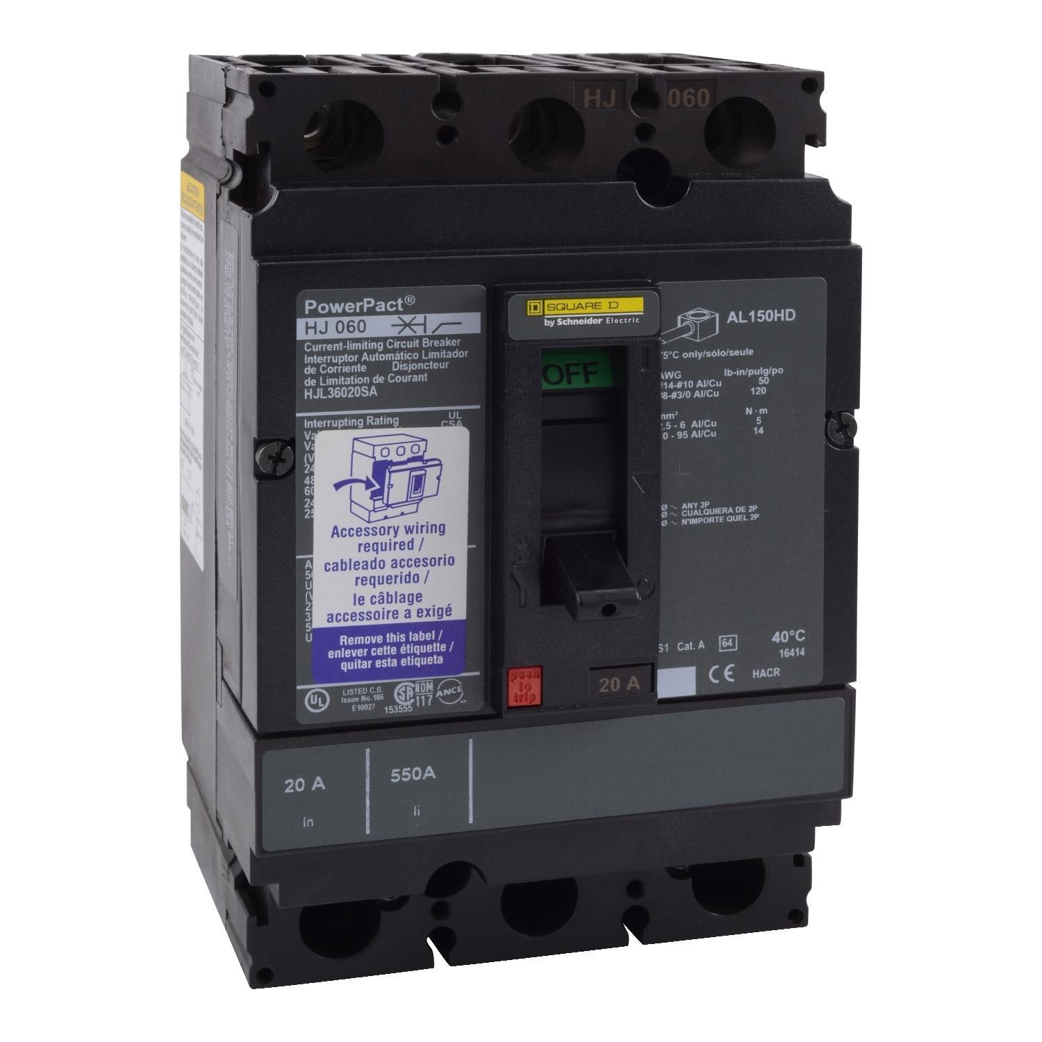 Square D™ PowerPact™ HJL36150CU31X Molded Case Circuit Breaker, 600 V AC, 150 A, 25 kA Interrupt, 3 Poles, Electronic Trip