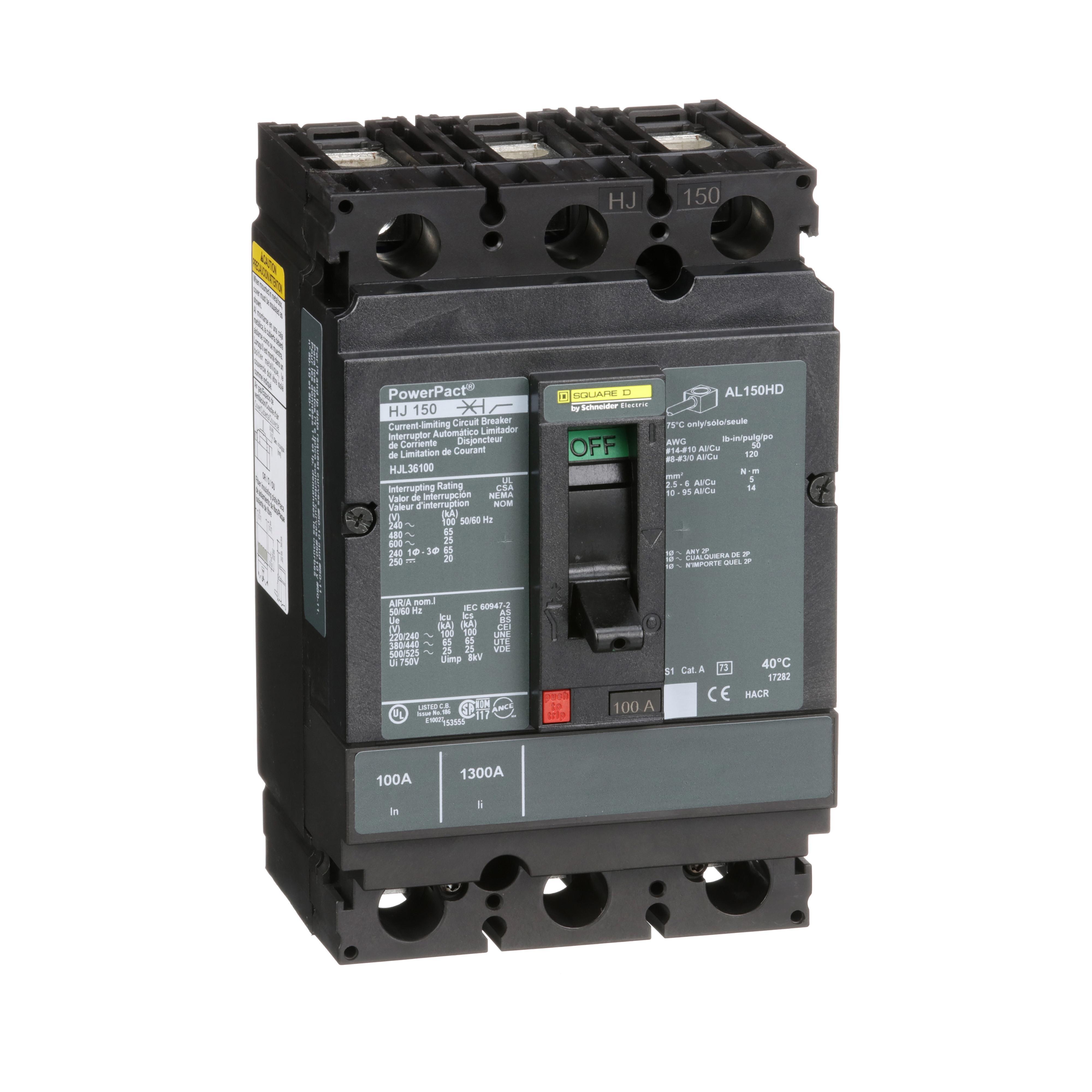 Square D™ PowerPact™ HJL36100 80% Rated Type HJL Molded Case Circuit Breaker, 600 V AC/250 V DC, 100 A, 100 kA at 240 VAC/65 kA at 480 VAC/25 kA at 600 VAC/20 kA at 250VDC Interrupt, 3 Poles, Thermal Magnetic Trip