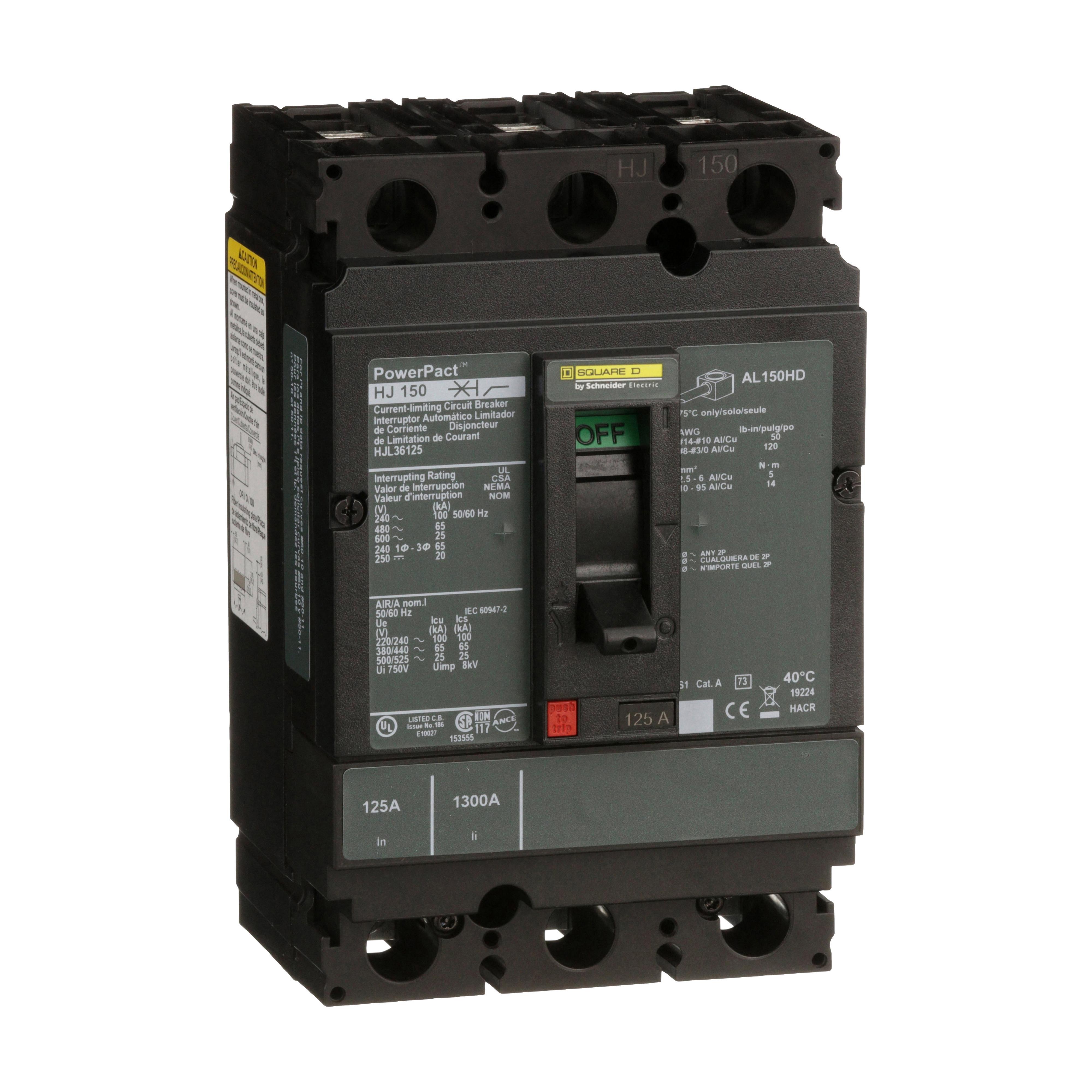 Square D™ PowerPact™ HJL36125 80% Rated Type HJL Molded Case Circuit Breaker, 600 V AC/250 V DC, 125 A, 100 kA at 240 VAC/65 kA at 480 VAC/25 kA at 600 VAC/20 kA at 250VDC Interrupt, 3 Poles, Thermal Magnetic Trip