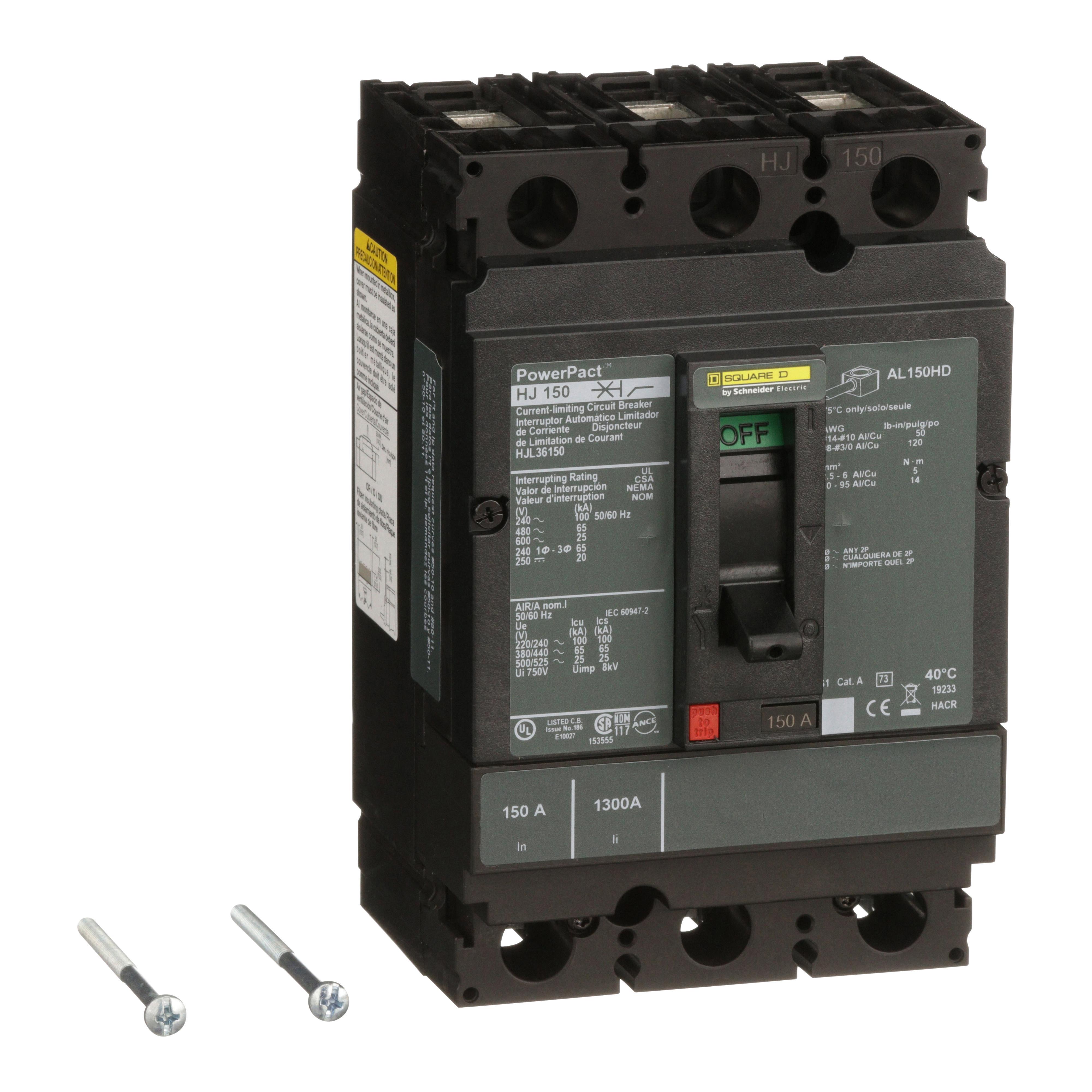 Square D™ PowerPact™ HJL36150 80% Rated Type HJL Molded Case Circuit Breaker, 600 V AC/250 V DC, 150 A, 100 kA at 240 VAC/65 kA at 480 VAC/25 kA at 600 VAC/20 kA at 250VDC Interrupt, 3 Poles, Thermal Magnetic Trip