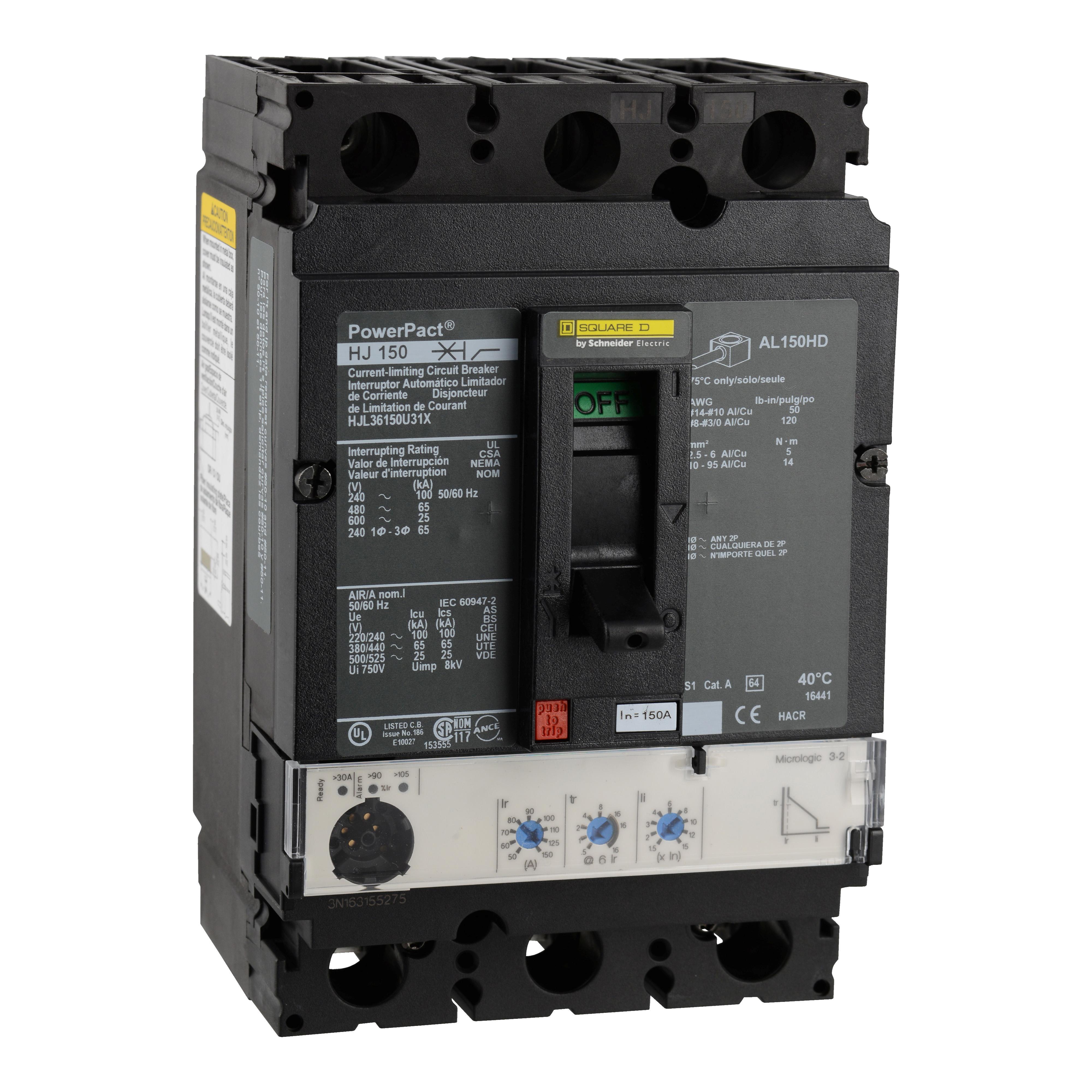 Square D™ PowerPact™ HJL36150U31X Type HJL Molded Case Circuit Breaker, 600 V AC, 150 A, 100 kA at 240 V AC/65 kA at 480 V AC/25 kA at 600 V AC/20 kA at 250 VDC Interrupt, 3 Poles, Electronic Trip