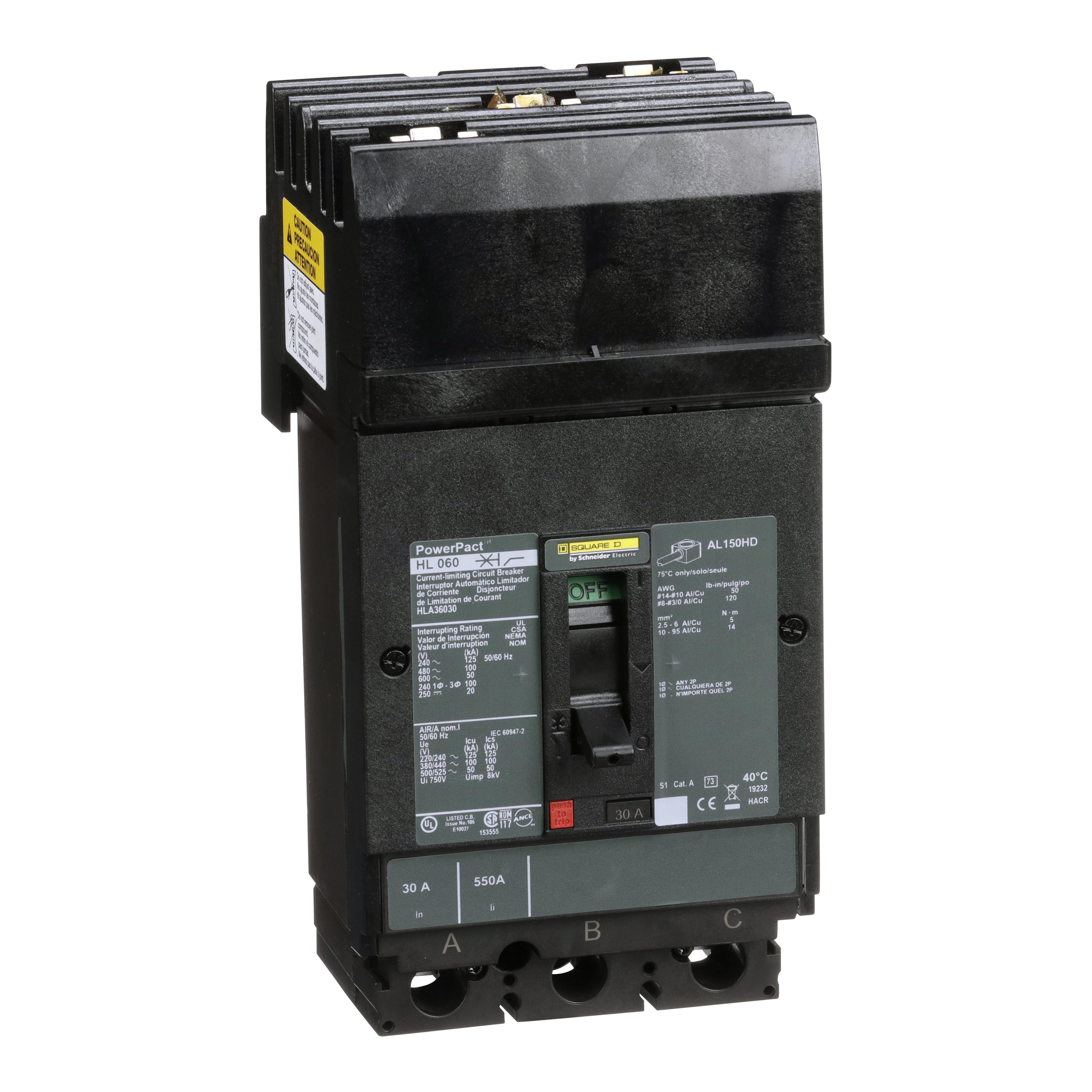 Square D™ I-Line™ PowerPact™ HLA36030 Type HLA Molded Case Circuit Breaker, 600 V AC/250 to 500 V DC, 30 A, 125 kA at 240 VAC/100 kA at 480 VAC/50 kA at 600 VAC/20 kA at 250 VDC/50 kA at 500 VDC Interrupt, 3 Poles, Thermal Magnetic Trip