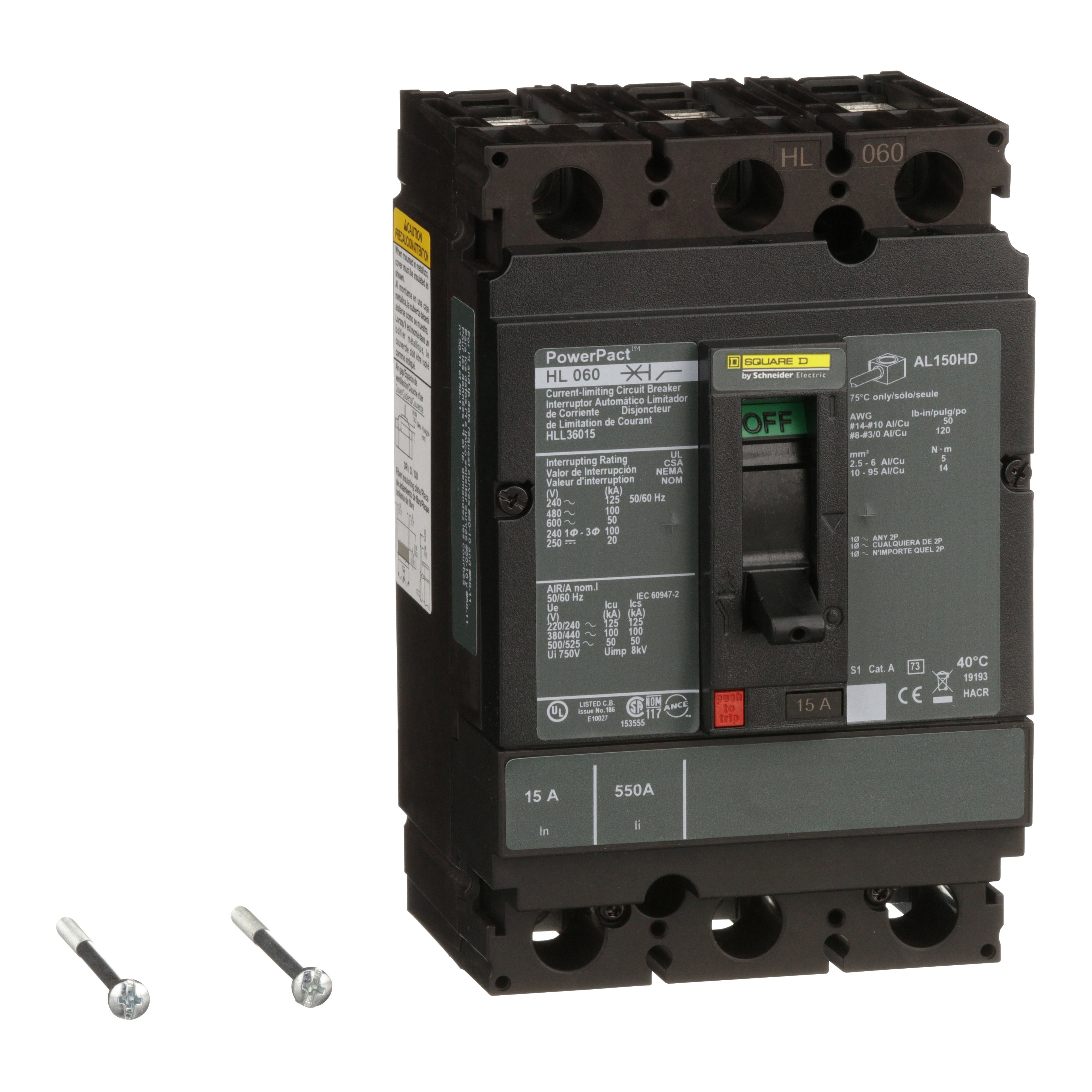 Square D™ I-Line™ PowerPact™ HLL36015 Type HLL Molded Case Circuit Breaker, 600 V AC/250 to 500 V DC, 15 A, 125 kA at 240 VAC/100 kA at 480 VAC/50 kA at 600 VAC/20 kA at 250 VDC/50 kA at 500 VDC Interrupt, 3 Poles, Thermal Magnetic Trip