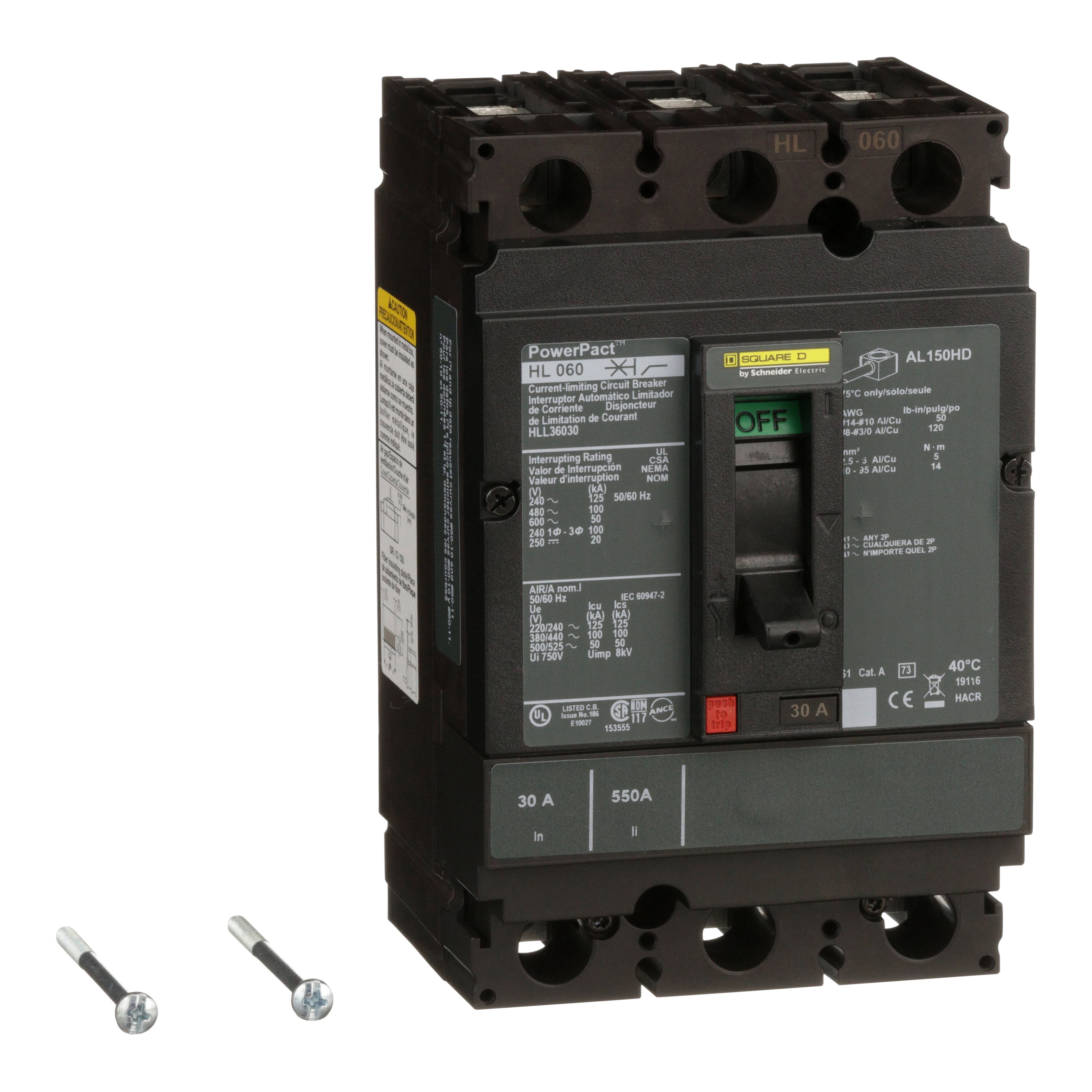 Square D™ I-Line™ PowerPact™ HLL36030 Type HLL Molded Case Circuit Breaker, 600 V AC/250 to 500 V DC, 30 A, 125 kA at 240 VAC/100 kA at 480 VAC/50 kA at 600 VAC/20 kA at 250 VDC/50 kA at 500 VDC Interrupt, 3 Poles, Thermal Magnetic Trip