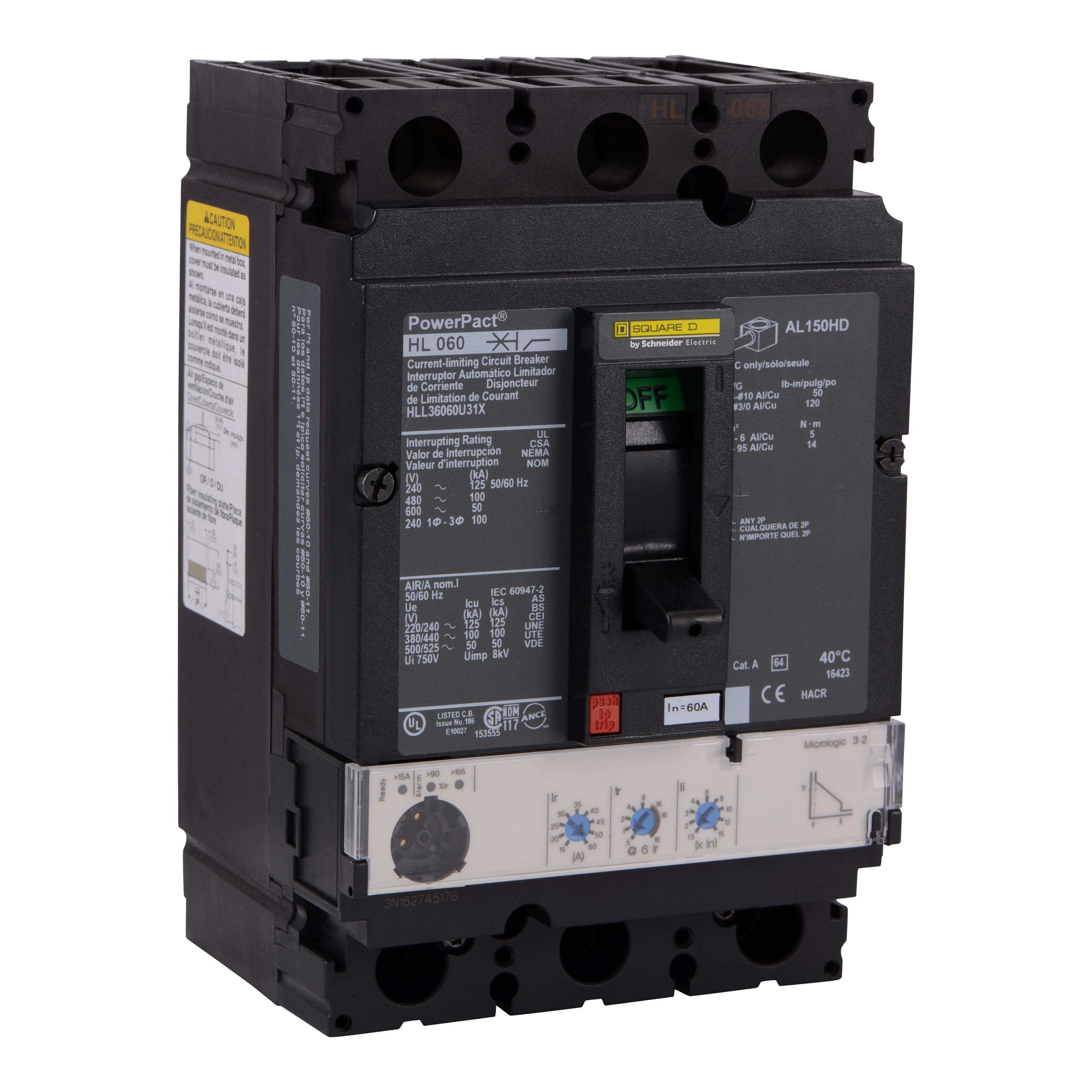 Square D™ PowerPact™ H HLL36150U31X Molded Case Circuit Breaker, 600 V AC, 150 A, 50 kA Interrupt, 3 Poles, Electronic Trip
