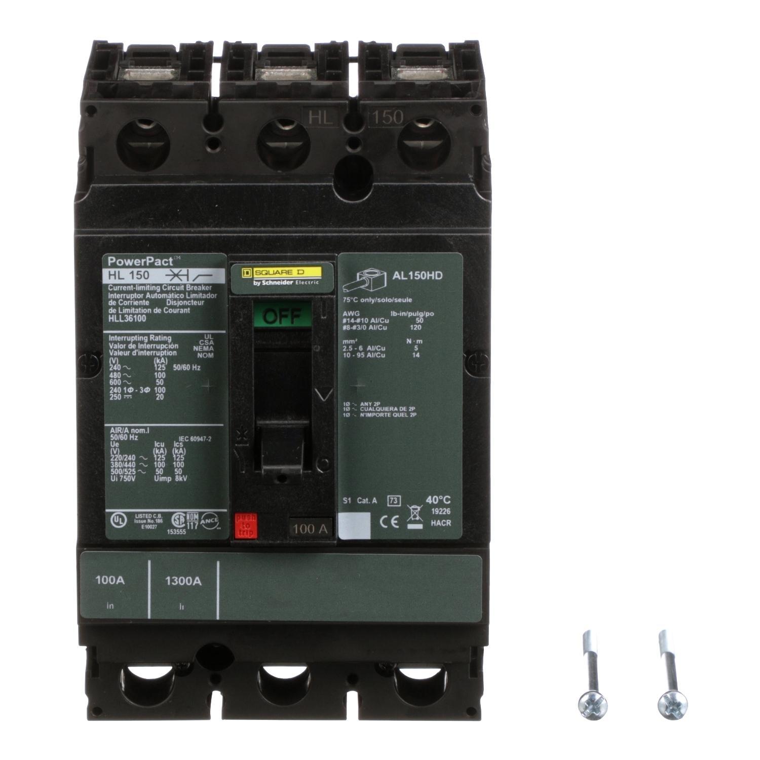 Square D™ PowerPact™ HLL36100 80% Rated Type HLL Molded Case Circuit Breaker, 600 V AC/250 V DC, 100 A, 125 kA at 240 VAC/100 kA at 480 VAC/50 kA at 600 VAC/20 kA at 250VDC Interrupt, 3 Poles, Thermal Magnetic Trip
