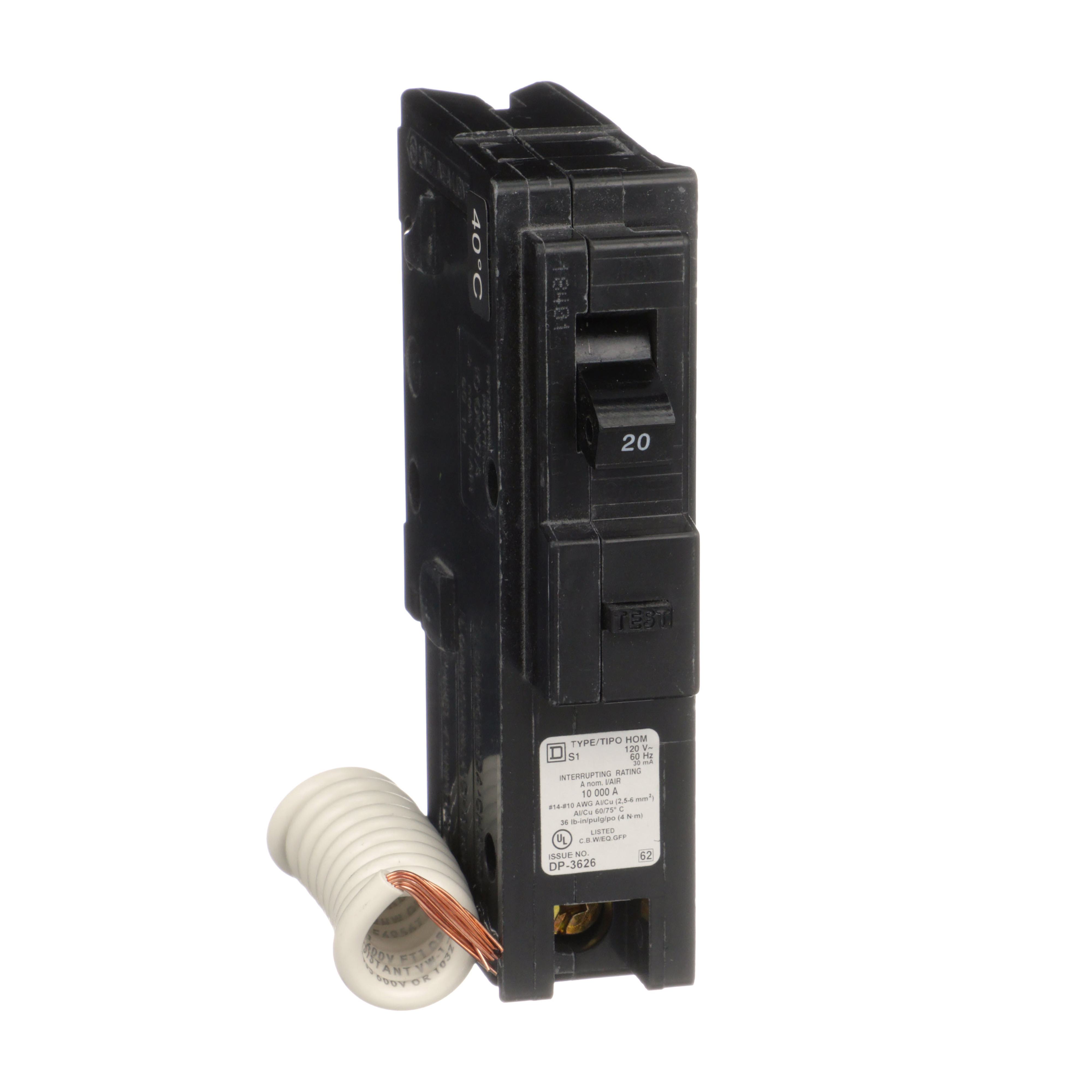 Square D™ Homeline™ HOM120EPD Class B Ground Fault Standard Miniature Circuit Breaker, 120/240 V AC, 20 A, 10 kA Interrupt, 1 Pole, Thermal Magnetic Trip