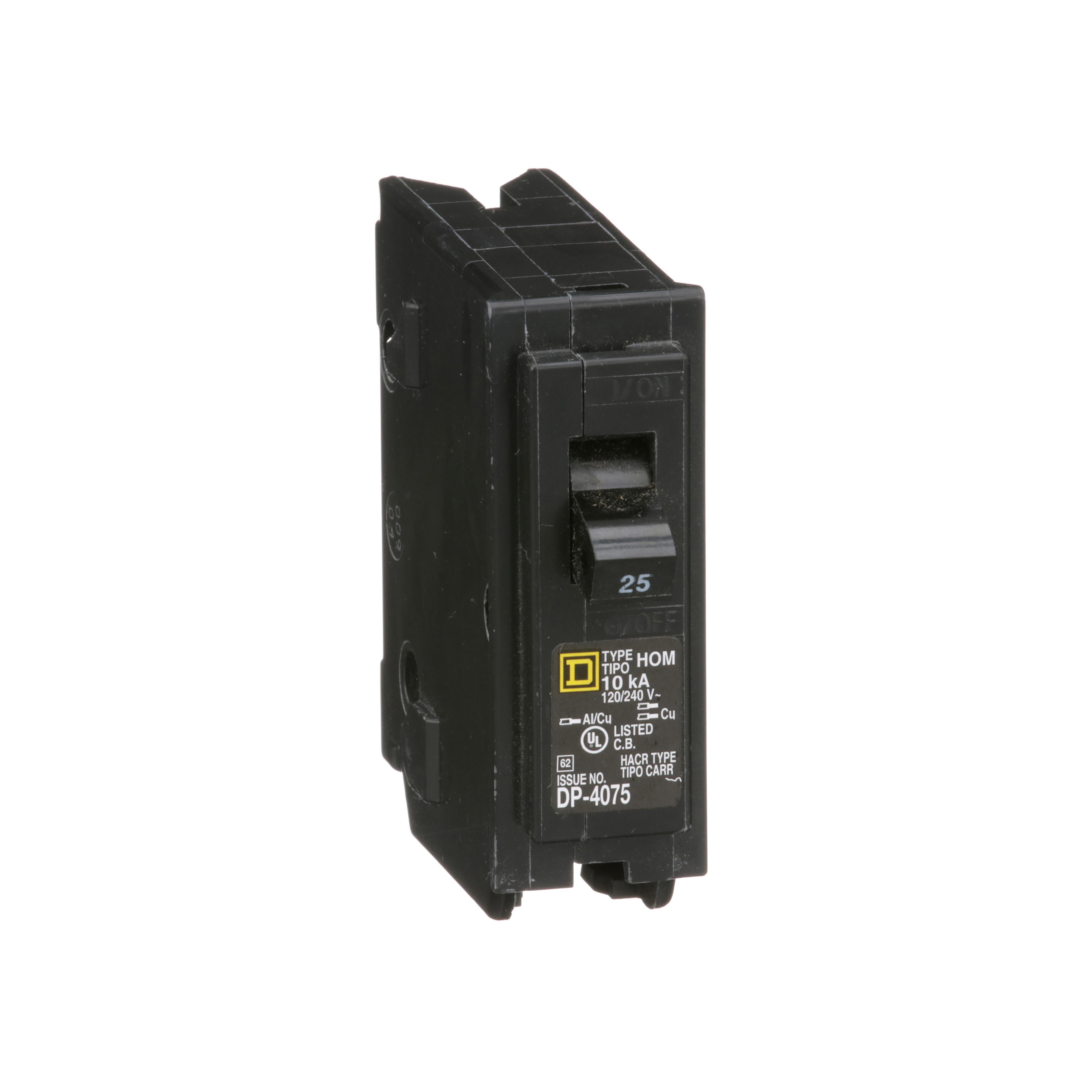 Square D™ Homeline™ HOM125 Standard Miniature Circuit Breaker, 120/240 V AC, 25 A, 10 kA Interrupt, 1 Pole, Thermal Magnetic Trip