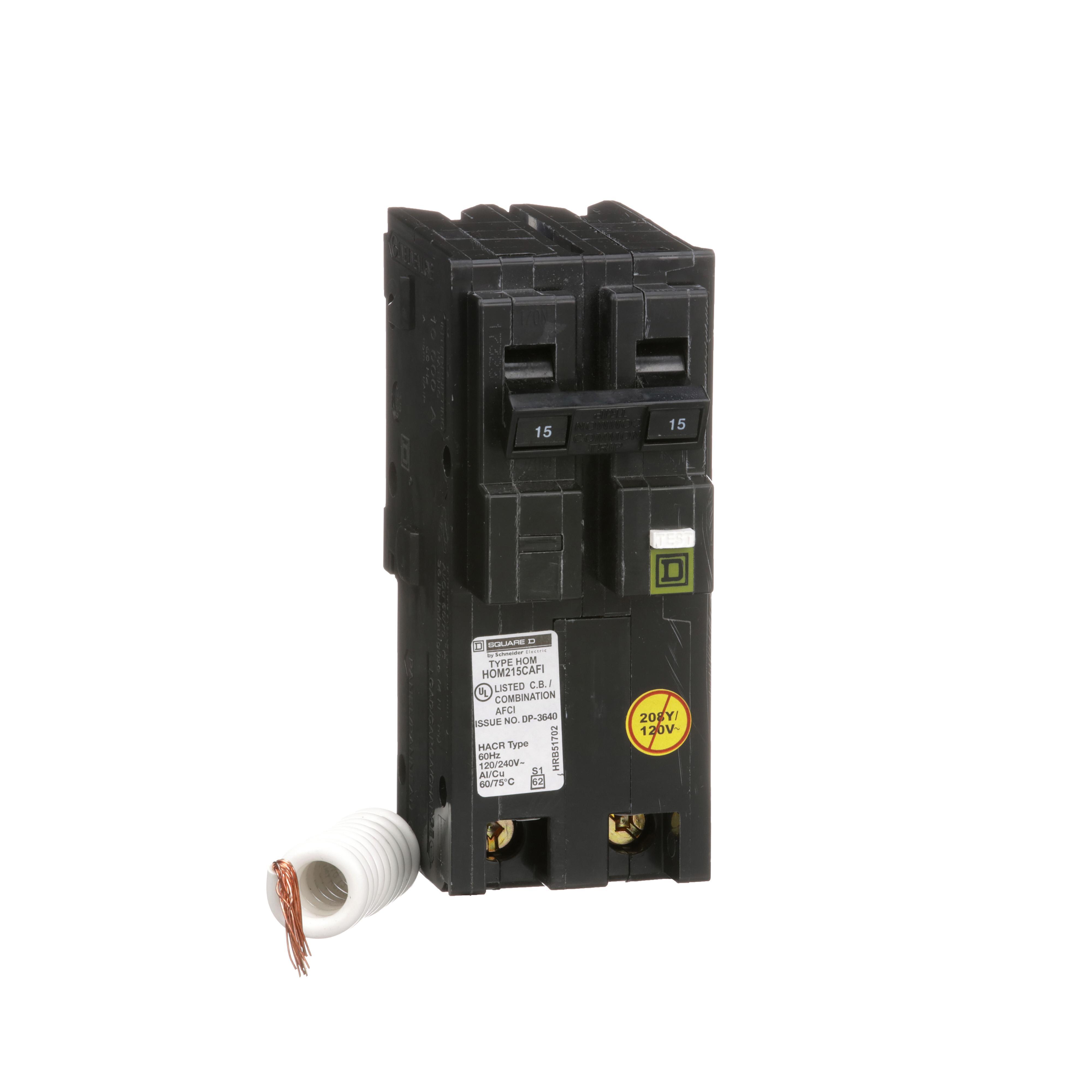 Square D™ HomeLine™ HOM215CAFI Combination Miniature Arc Fault Circuit Breaker, 120/240 V AC, 15 A, 10 kA Interrupt, 2 Poles, Thermal Magnetic Trip