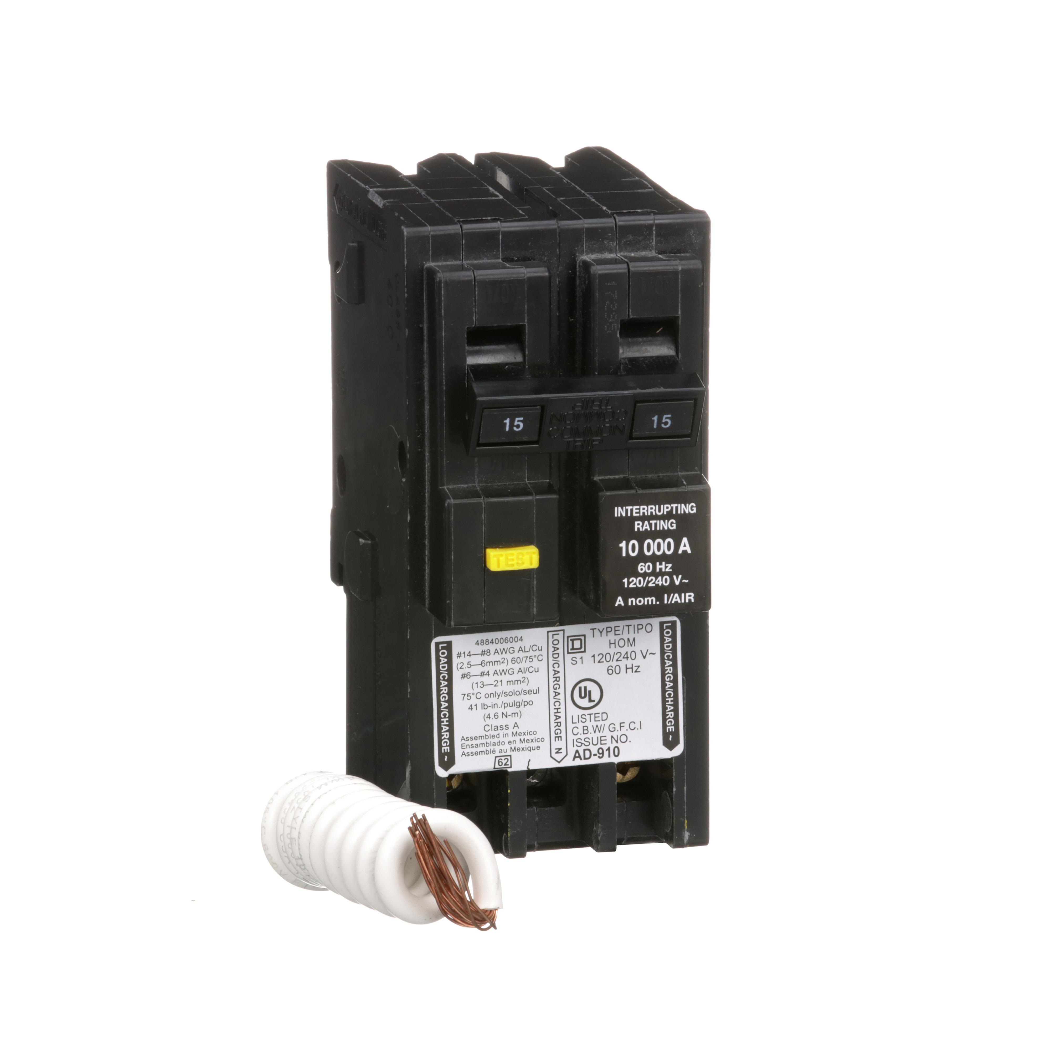 Square D™ Homeline™ HOM215GFI Class A Ground Fault Protecting Miniature Circuit Breaker, 120/240 V AC, 15 A, 10 kA Interrupt, 2 Poles, Thermal Magnetic Trip