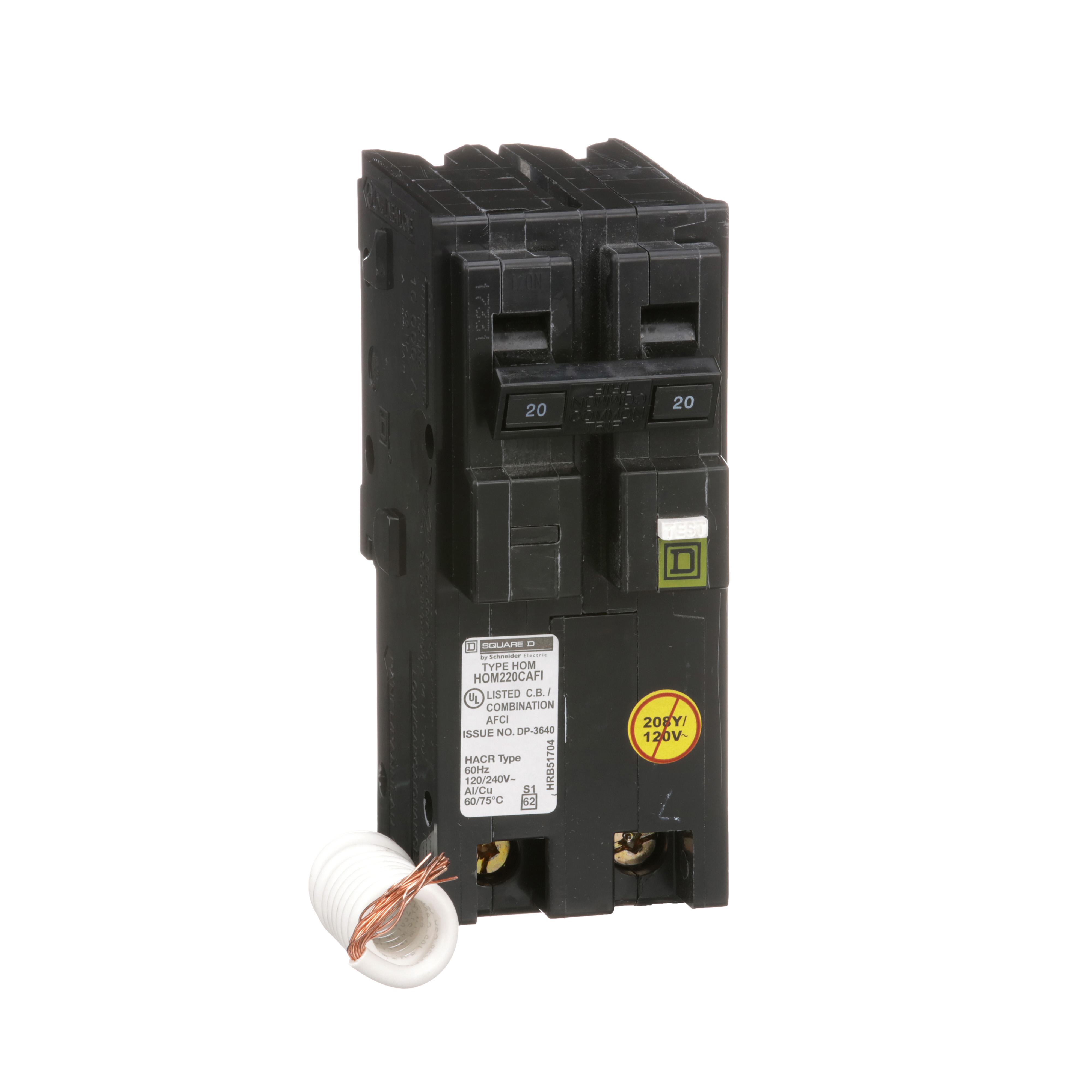 Square D™ HomeLine™ HOM220CAFI Combination Miniature Arc Fault Circuit Breaker, 120/240 V AC, 20 A, 10 kA Interrupt, 2 Poles, Electronic Trip
