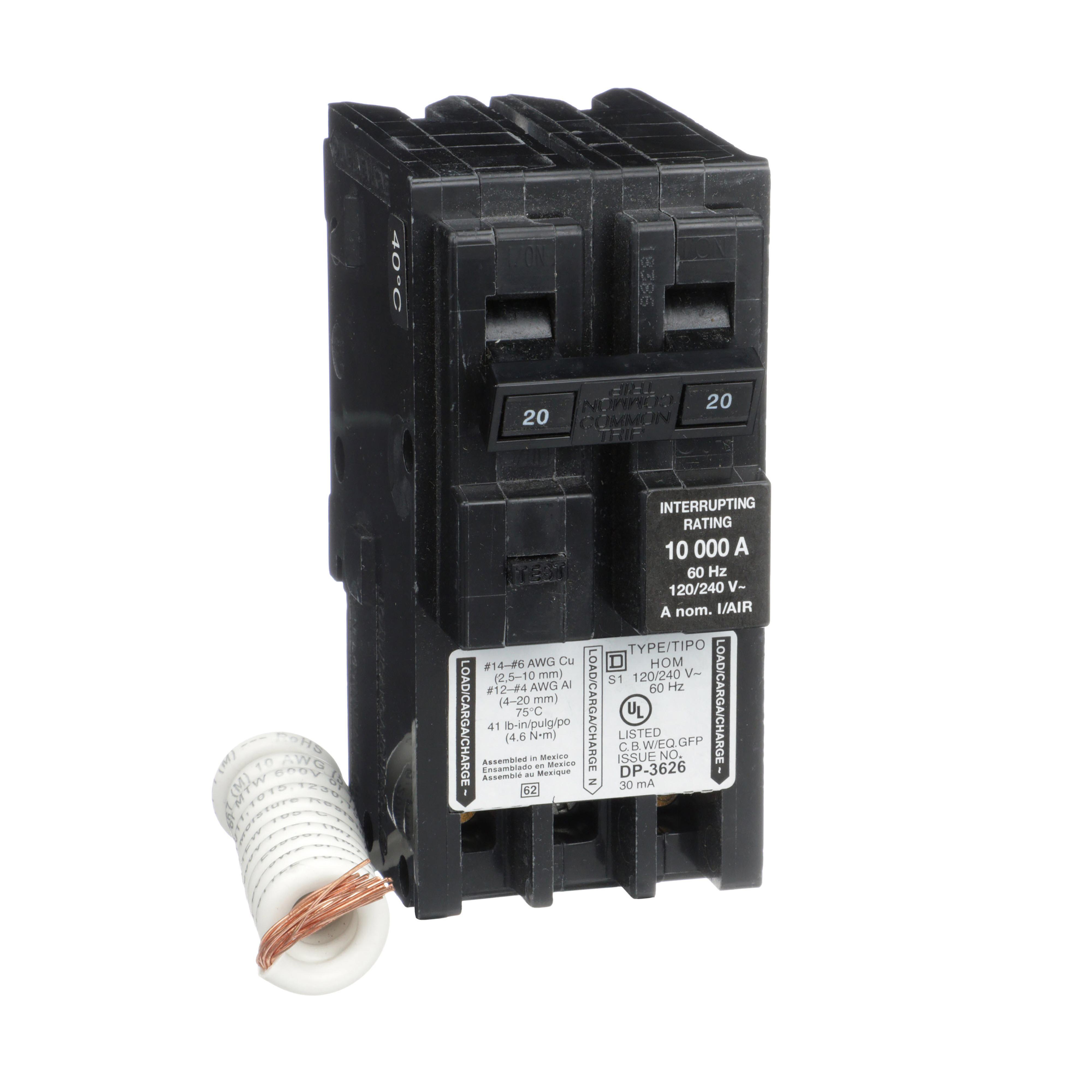 Square D™ Homeline™ HOM220EPD Class B Ground Fault Standard Miniature Circuit Breaker, 120/240 V AC, 20 A, 10 kA Interrupt, 2 Poles, Thermal Magnetic Trip