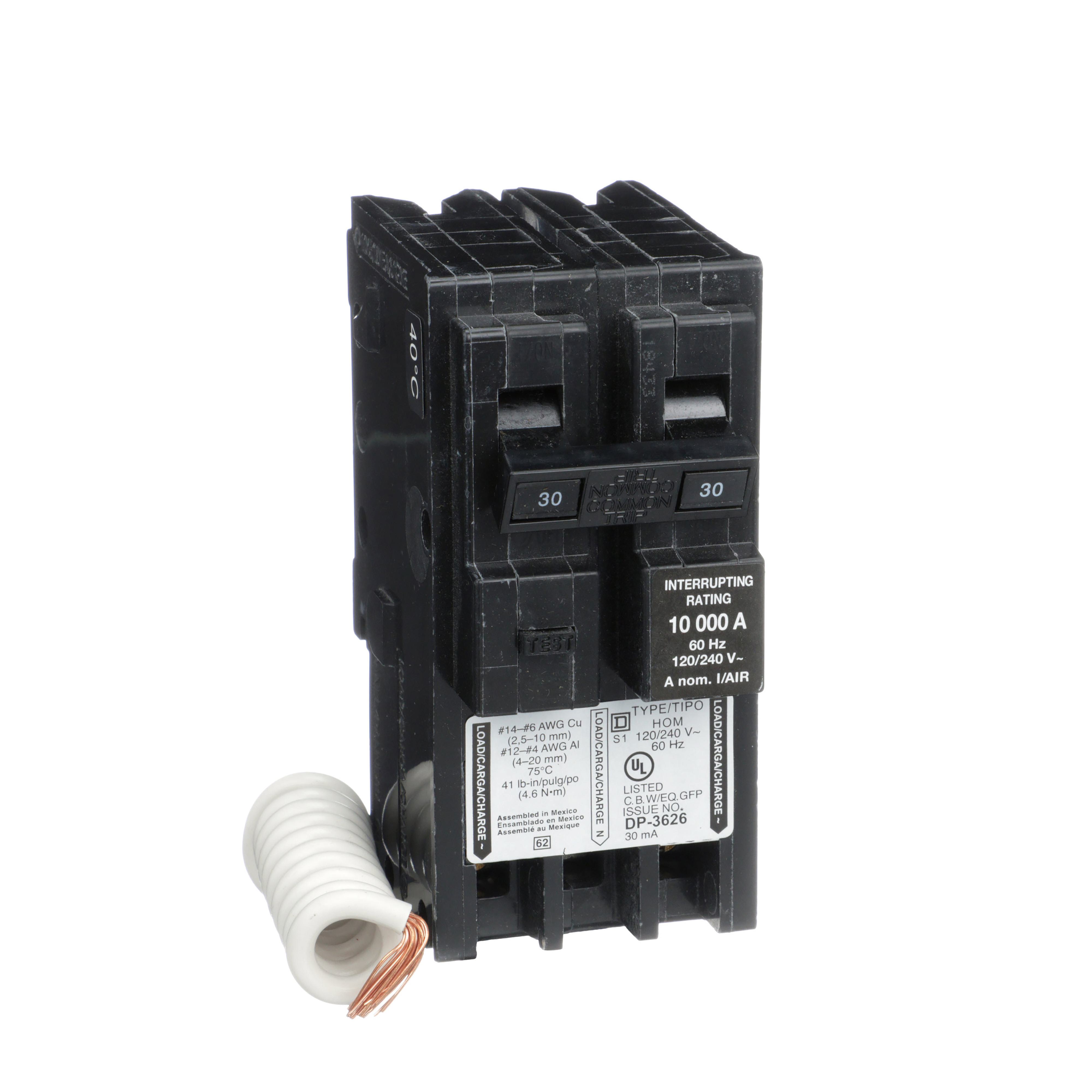 Square D™ HOM230EPD Type HOM Miniature Circuit Breaker, 120/240 V AC, 30 A, 10 kA Interrupt, 2 Poles