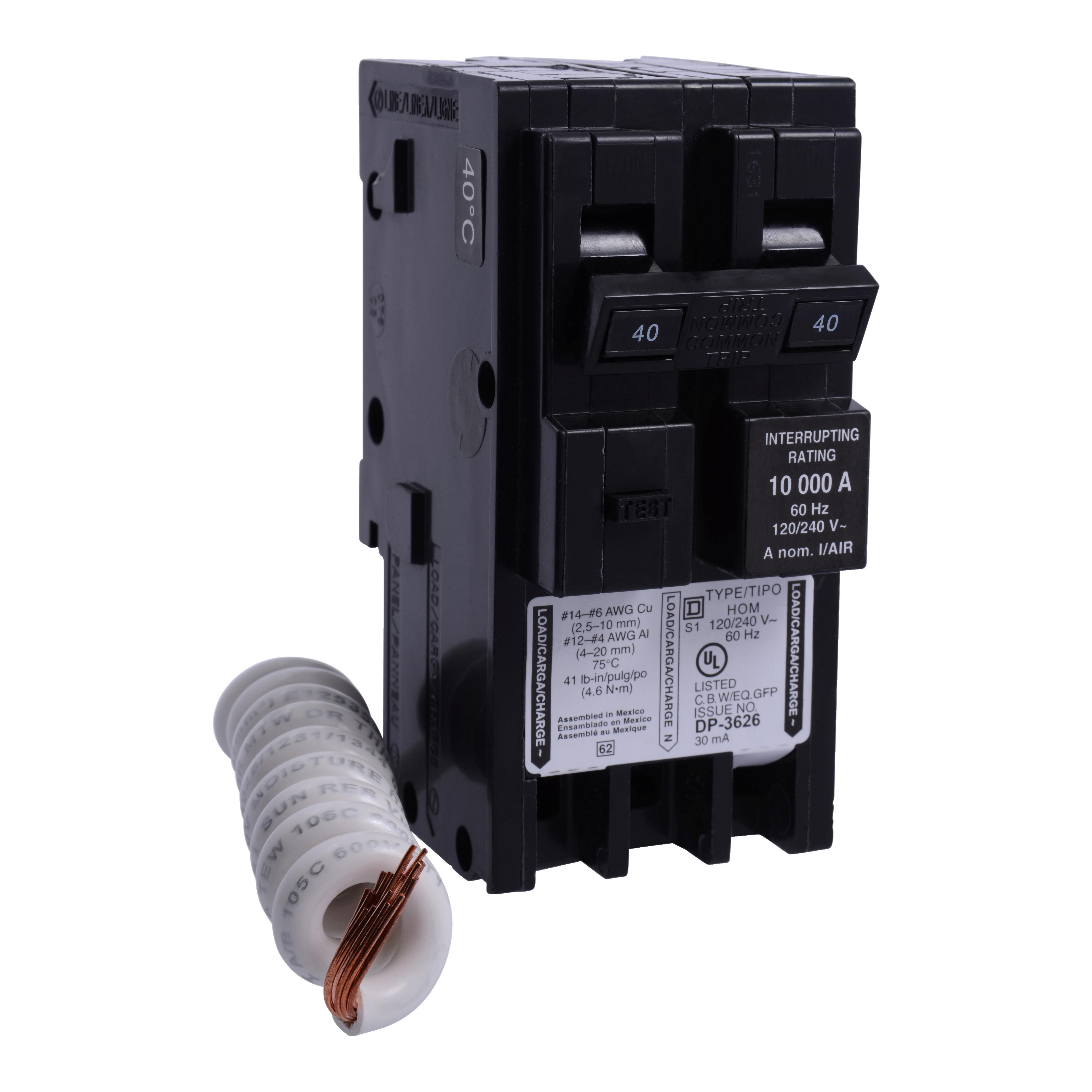 Square D™ HOM240EPD Type HOM Miniature Circuit Breaker, 120/240 V AC, 40 A, 10 kA Interrupt, 2 Poles