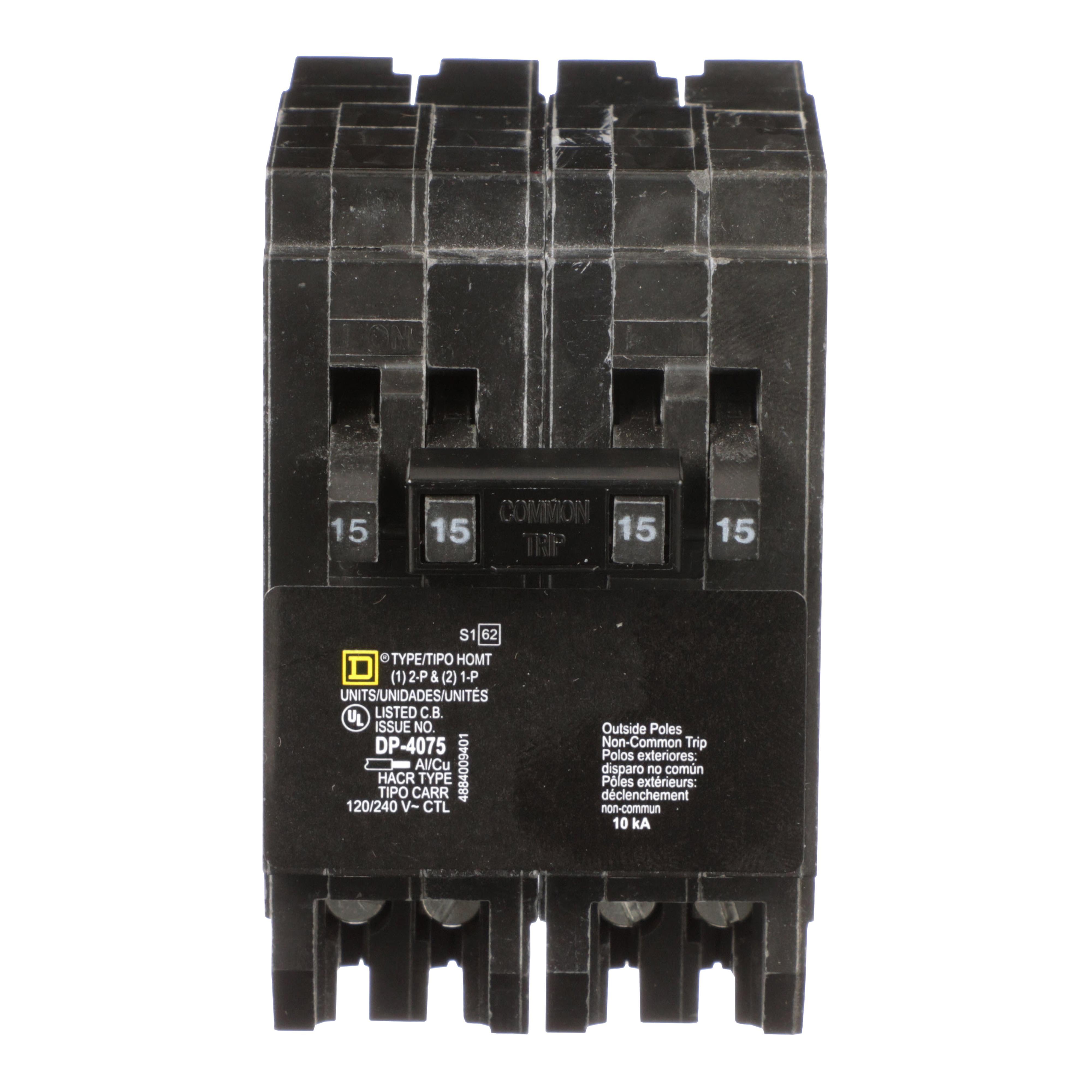 Square D™ Homeline™ HOMT1515215 Type HOM Quad Tandem Miniature Circuit Breaker, 120/240 V AC, 15 A, 10 kA Interrupt, 2 Poles