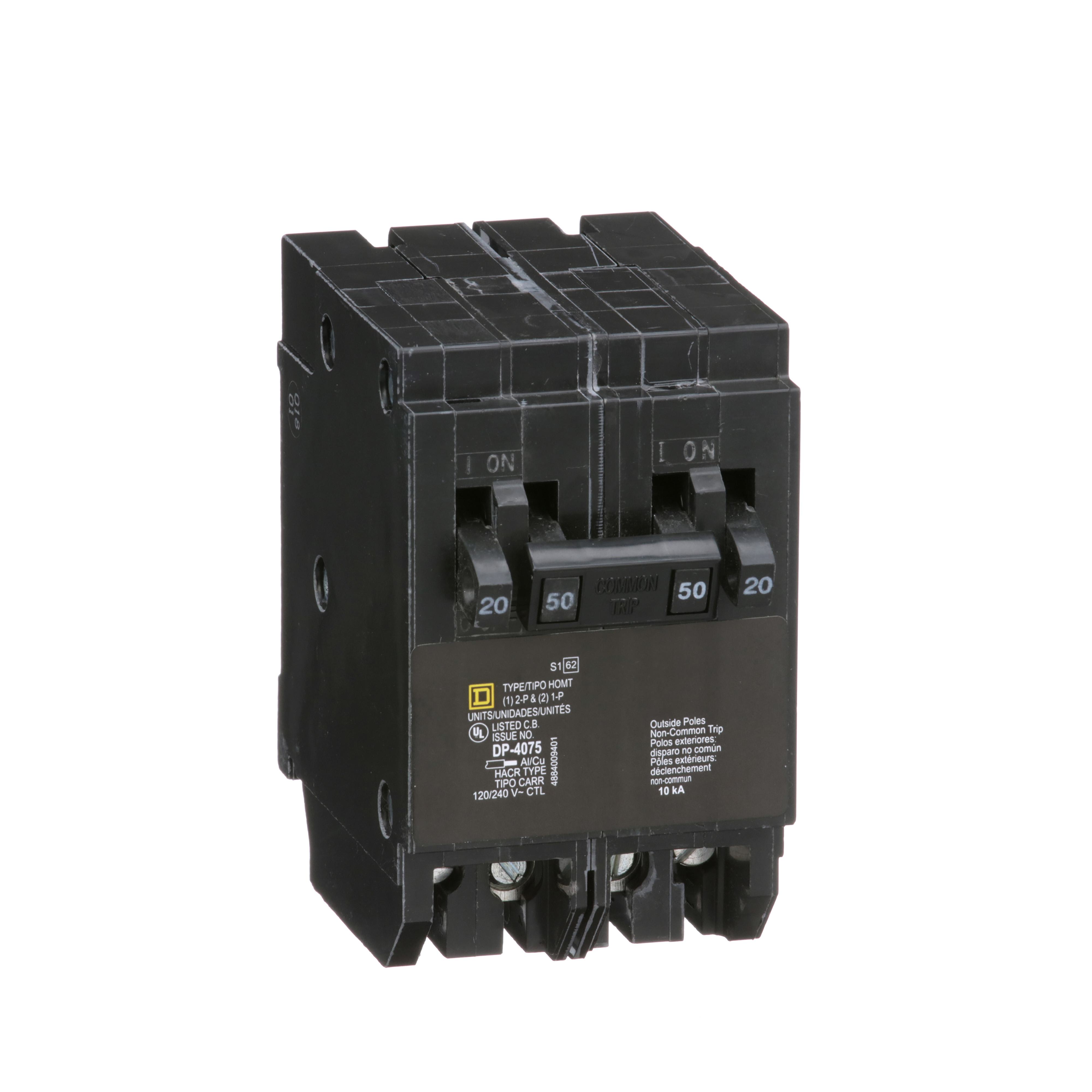 Square D™ Homeline™ HOMT2020250 Quad Tandem Miniature Circuit Breaker, 120/240 V AC, 20/50 A, 10 kA Interrupt, 2 Poles, Thermal Magnetic Trip