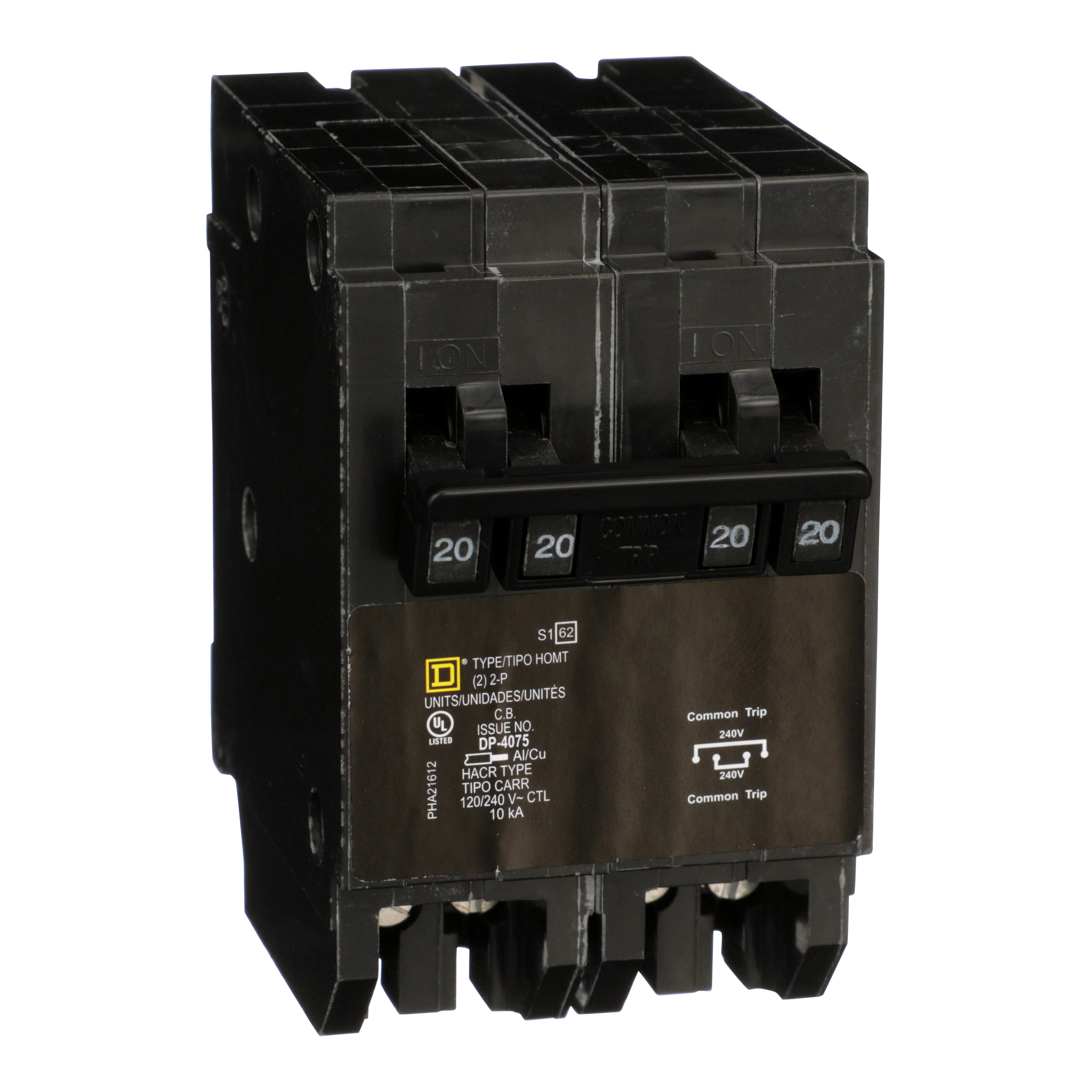 Square D™ Homeline® HOMT220220 Quad Tandem Miniature Circuit Breaker, 120/240 V AC, 20 A, 2 Poles
