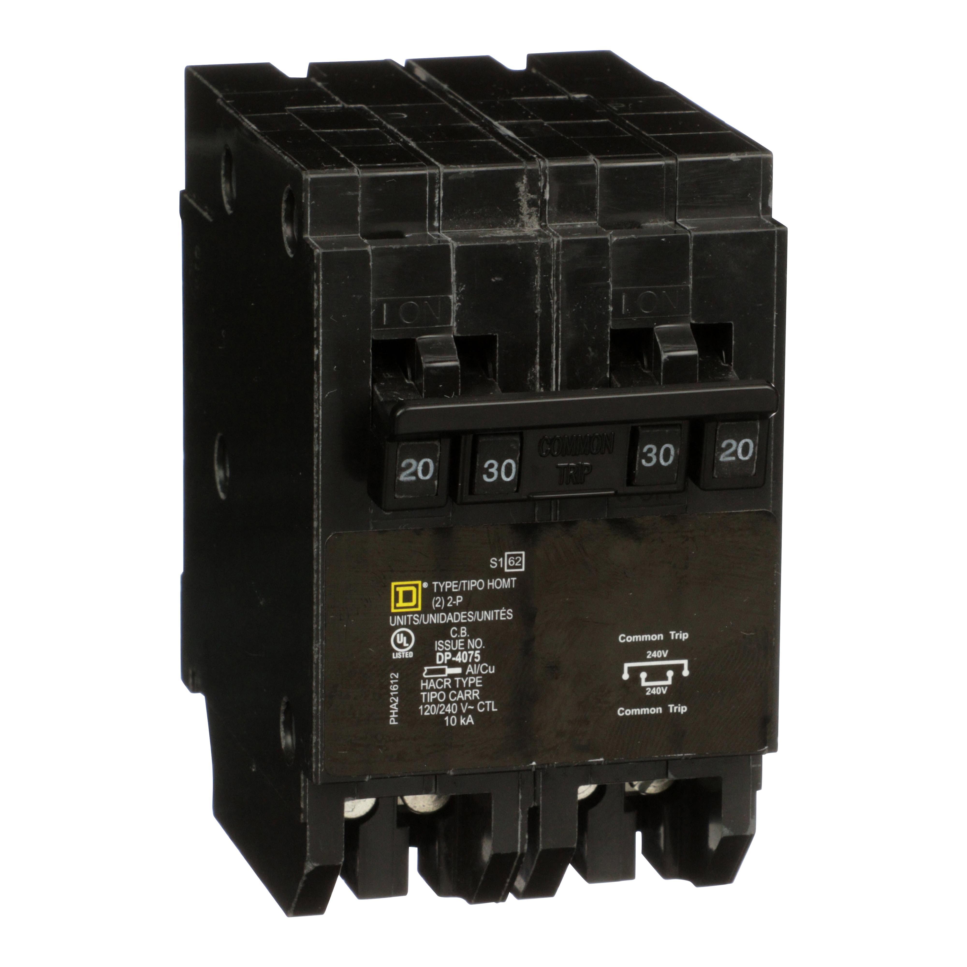 Square D™ Homeline™ HOMT220230 Quad Tandem Mini Circuit Breaker, 120/240 V AC, 20/30 A, 10 kA Interrupt, 2 Poles