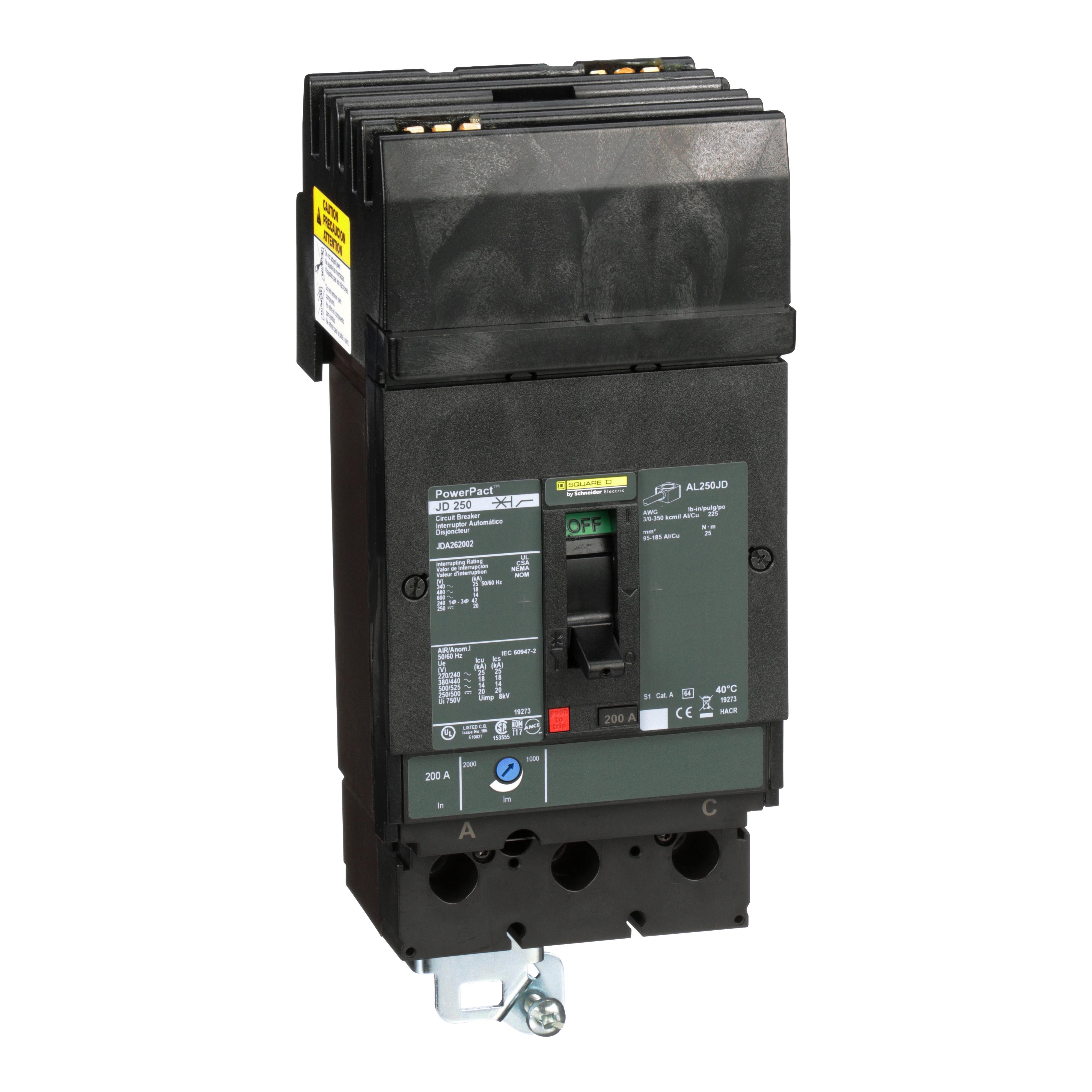 Square D™ I-Line™ PowerPact™ JDA262002 Type JDA Molded Case Circuit Breaker, 600 V AC/250 V DC, 200 A, 14/18/20/25 kA Interrupt, 2 Poles, Thermal Magnetic Trip