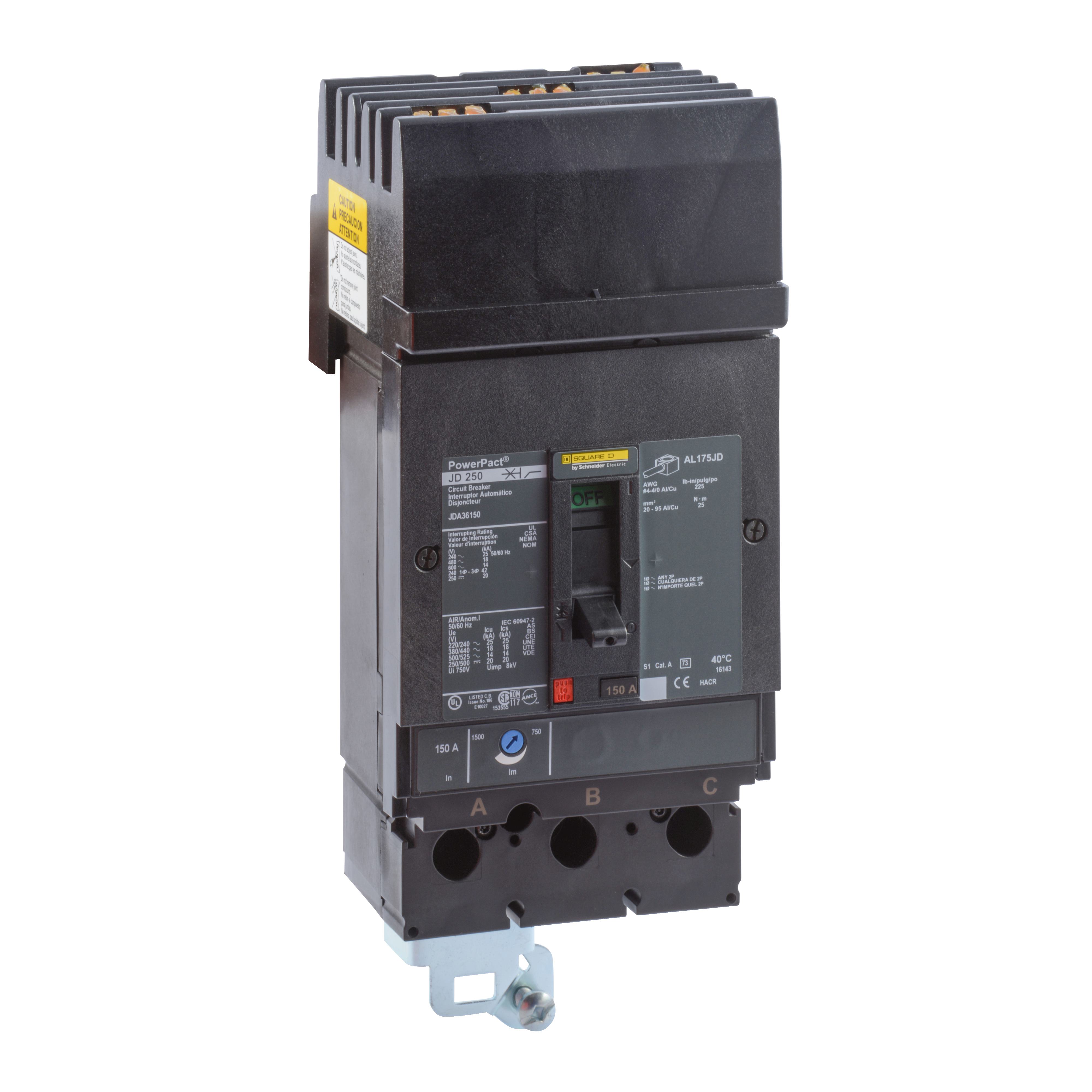 Square D™ PowerPact™ JDA36150 Type JDA Molded Case Circuit Breaker, 600 V AC/250 V DC, 150 A, 14/20 kA Interrupt, 3 Poles, Thermal Magnetic Trip