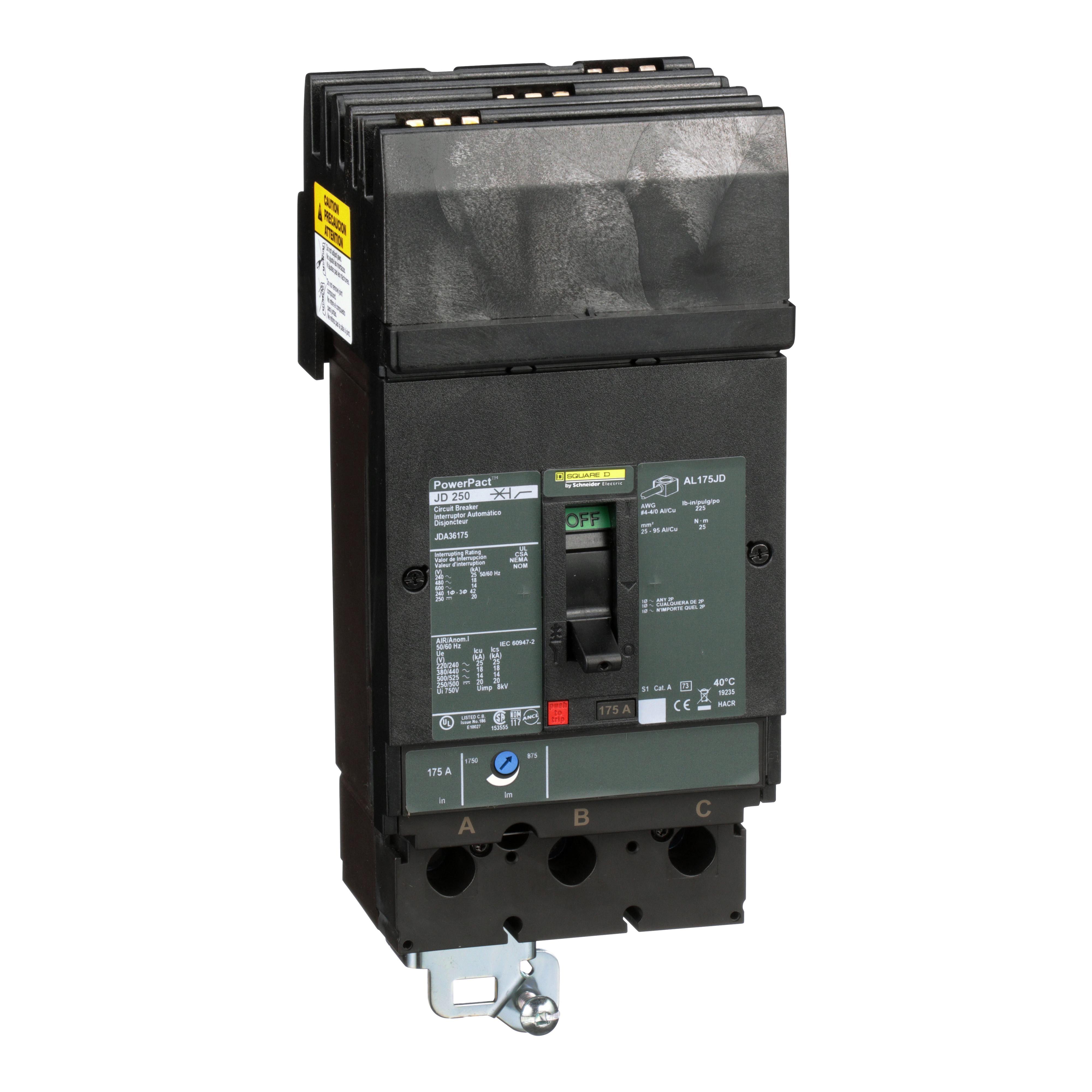 Square D™ I-Line™ PowerPact™ J JDA36175 Molded Case Circuit Breaker, 600 V AC/250 V DC, 175 A, 14/18/20/25 kA Interrupt, 3 Poles, Thermal Magnetic Trip