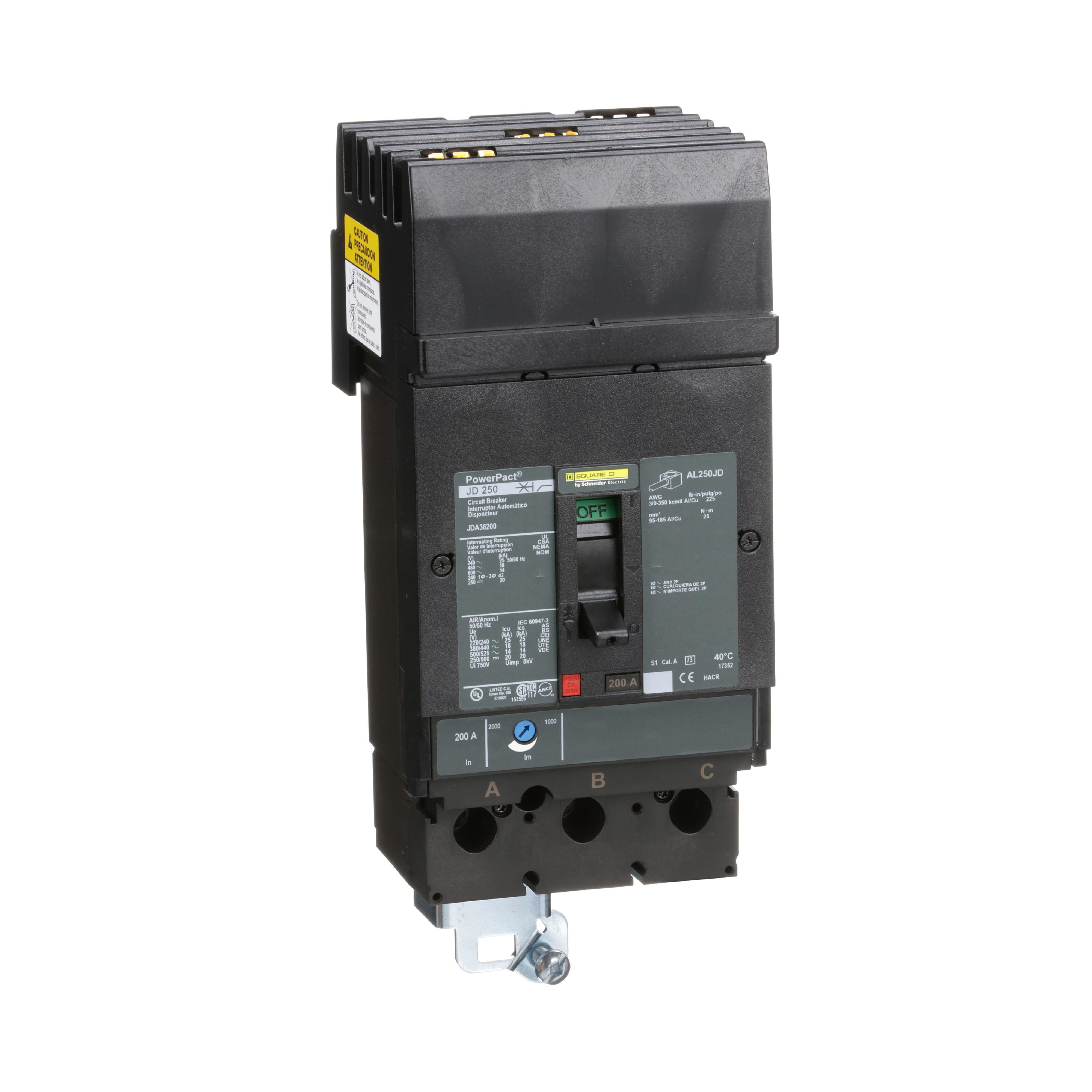 Square D™ PowerPact™ JDA36200 Type JDA Standard Molded Case Circuit Breaker, 600 V AC/250 V DC, 200 A, 14/20 kA Interrupt, 3 Poles, Thermal Magnetic Trip