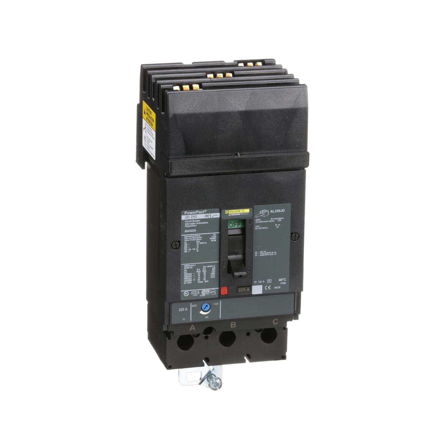 Square D™ PowerPact™ JDA36225 Type JDA Molded Case Circuit Breaker, 600 V AC/250 V DC, 225 A, 14/20 kA Interrupt, 3 Poles, Thermal Magnetic Trip