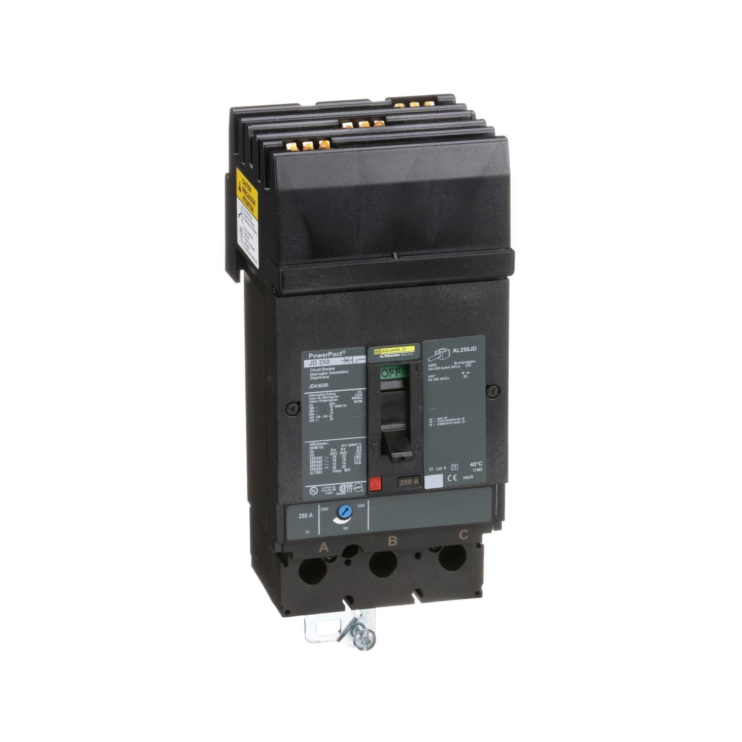 Square D™ PowerPact™ JDA36250 Type JDA Molded Case Circuit Breaker, 600 V AC/250 V DC, 250 A, 14/20 kA Interrupt, 3 Poles, Thermal Magnetic Trip