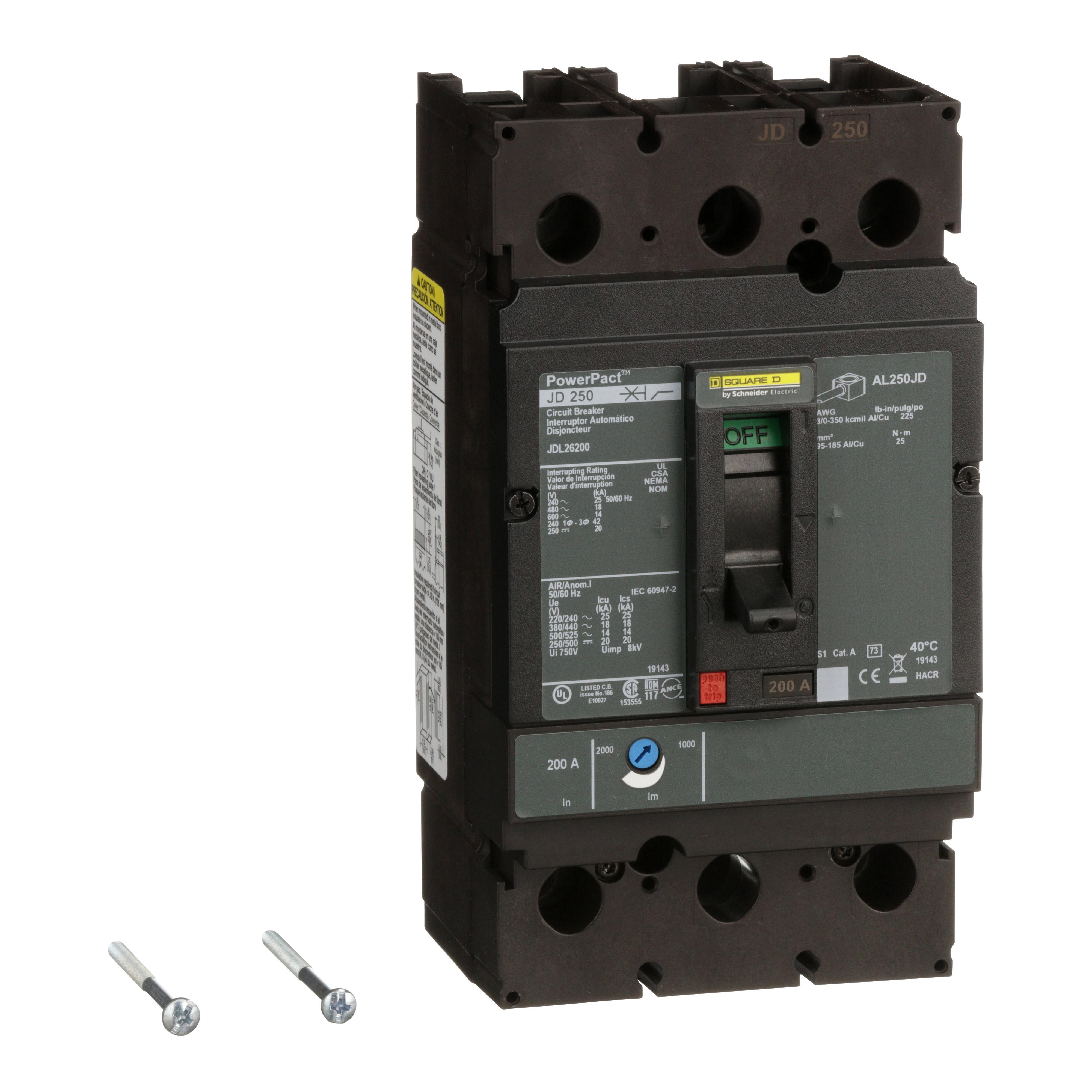 Square D™ PowerPact™ JDL26200 Type JDL Molded Case Circuit Breaker, 600 V AC/250 V DC, 200 A, 25 kA at 240 VAC/18 kA at 480 VAC/14 kA at 600 VAC/20 kA at 250VDC Interrupt, 2 Poles, Thermal Magnetic Trip