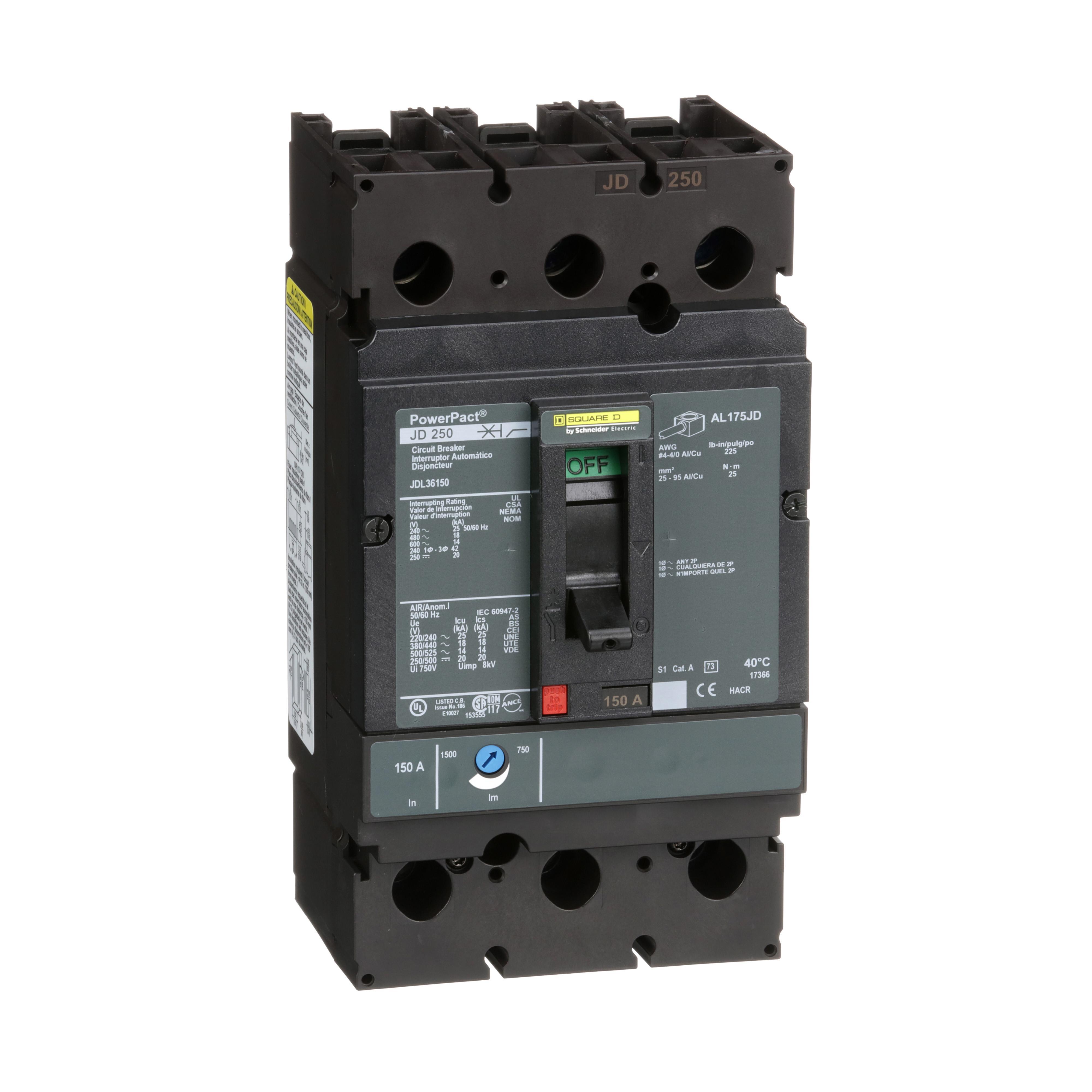 Square D™ PowerPact™ JDL36150 Type JDL Molded Case Circuit Breaker, 600 V AC/250 V DC, 150 A, 25 kA at 240 VAC/18 kA at 480 VAC/14 kA at 600 VAC/20 kA at 250VDC Interrupt, 3 Poles, Thermal Magnetic Trip