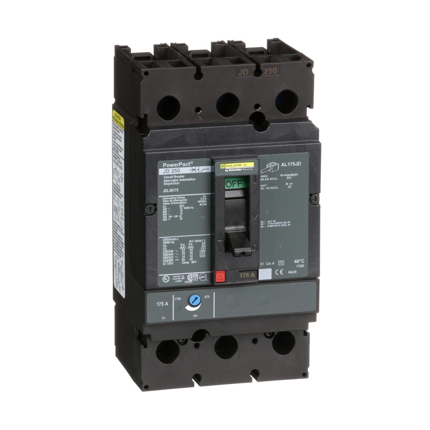 Square D™ PowerPact™ JDL36175 Type JDL Molded Case Circuit Breaker, 600 V AC/250 V DC, 175 A, 25 kA at 240 VAC/18 kA at 480 VAC/14 kA at 600 VAC/20 kA at 250VDC Interrupt, 3 Poles, Thermal Magnetic Trip