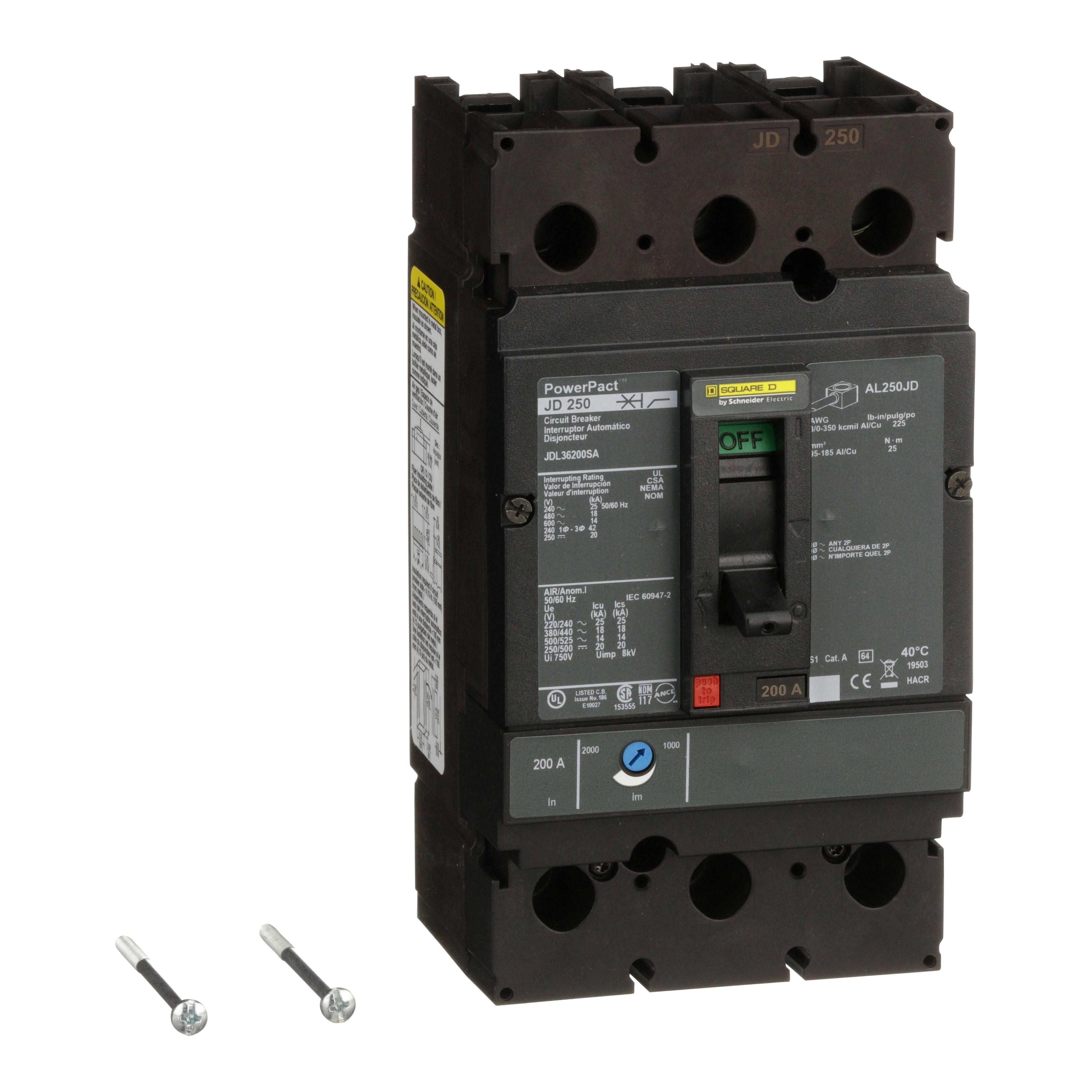 Square D™ PowerPact™ JDL36200SA 80% Rated Molded Case Circuit Breaker, 600 V AC/250 V DC, 200 A, 25 kA at 240 VAC/18 kA at 480 VAC/14 kA at 600 VAC/20 kA at 250 VDC/250 VDC/600 VAC Interrupt, 3 Poles, Thermal Magnetic Trip