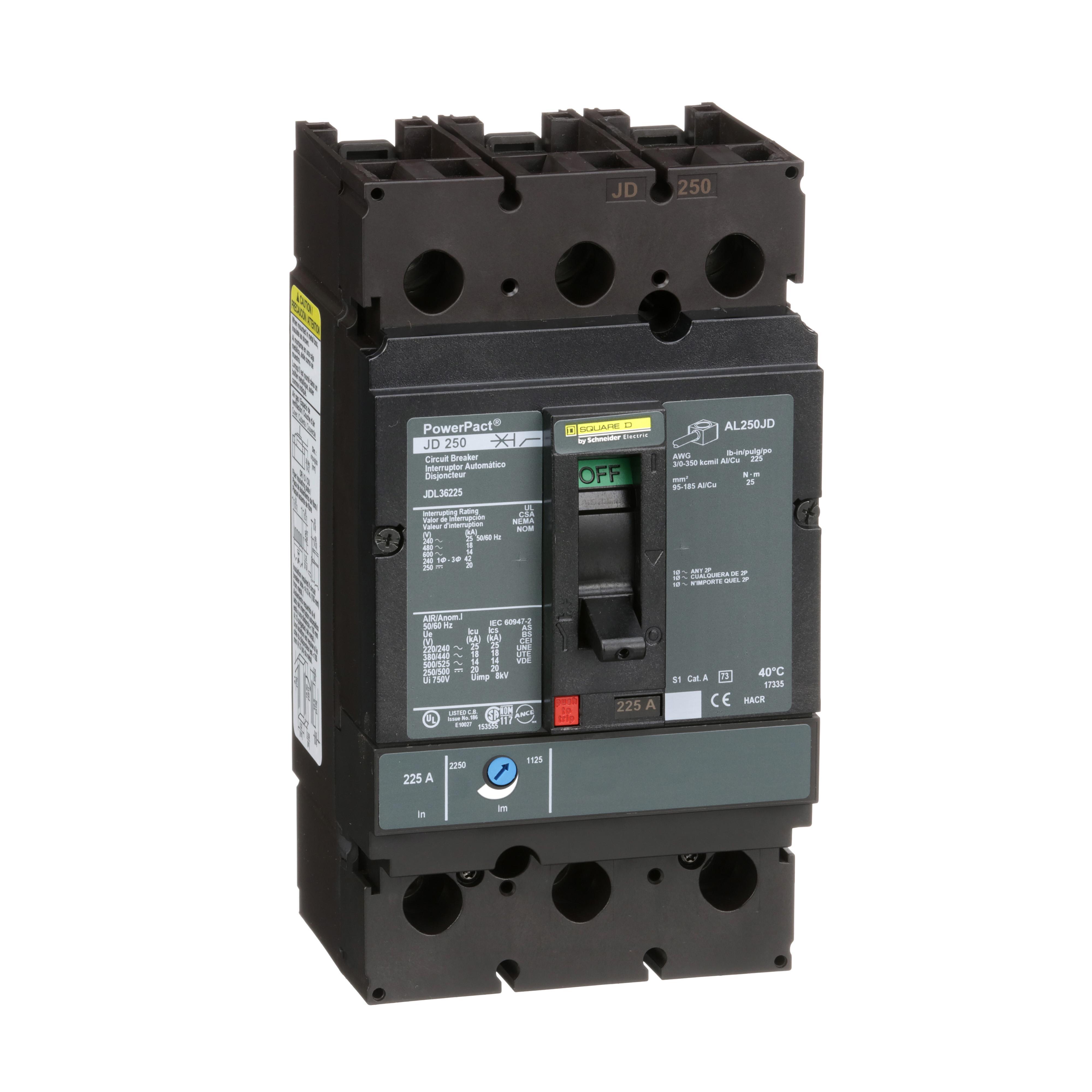 Square D™ PowerPact™ JDL36225 Standard Type JDL Molded Case Circuit Breaker, 600 V AC/250 V DC, 225 A, 25 kA at 240 VAC/18 kA at 480 VAC/14 kA at 600 VAC/20 kA at 250VDC Interrupt, 3 Poles, Thermal Magnetic Trip