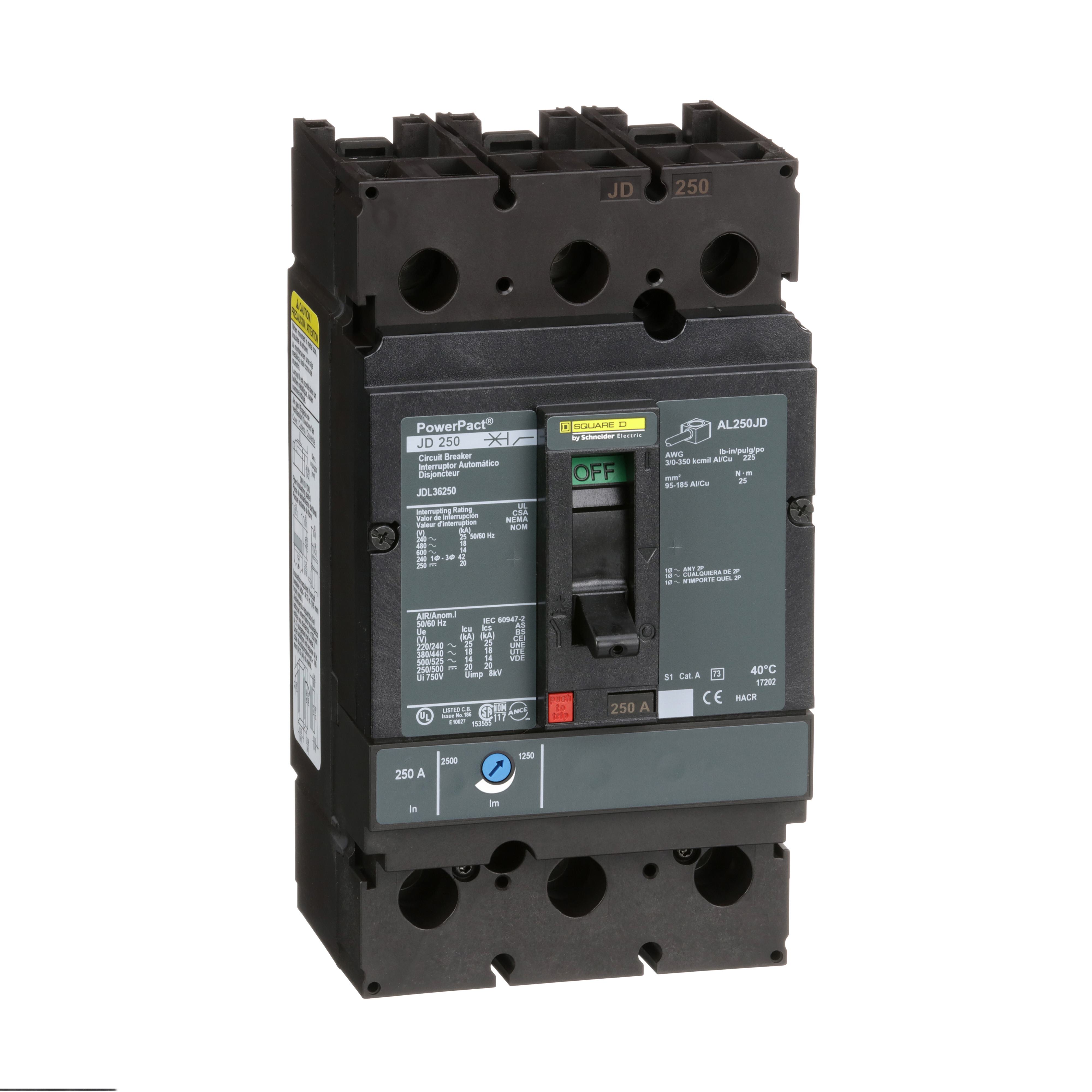 Square D™ PowerPact™ JDL36250 Type JDL Molded Case Circuit Breaker, 600 V AC/250 V DC, 250 A, 25 kA at 240 VAC/18 kA at 480 VAC/14 kA at 600 VAC/20 kA at 250VDC Interrupt, 3 Poles, Thermal Magnetic Trip